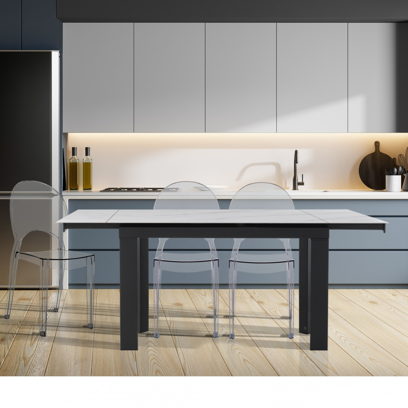Tavolo allungabile in Ceramica finitura Marmo Bianco opaco e Acciaio KARLO MARMO BIANCO, 120-150-180 x 80 cm