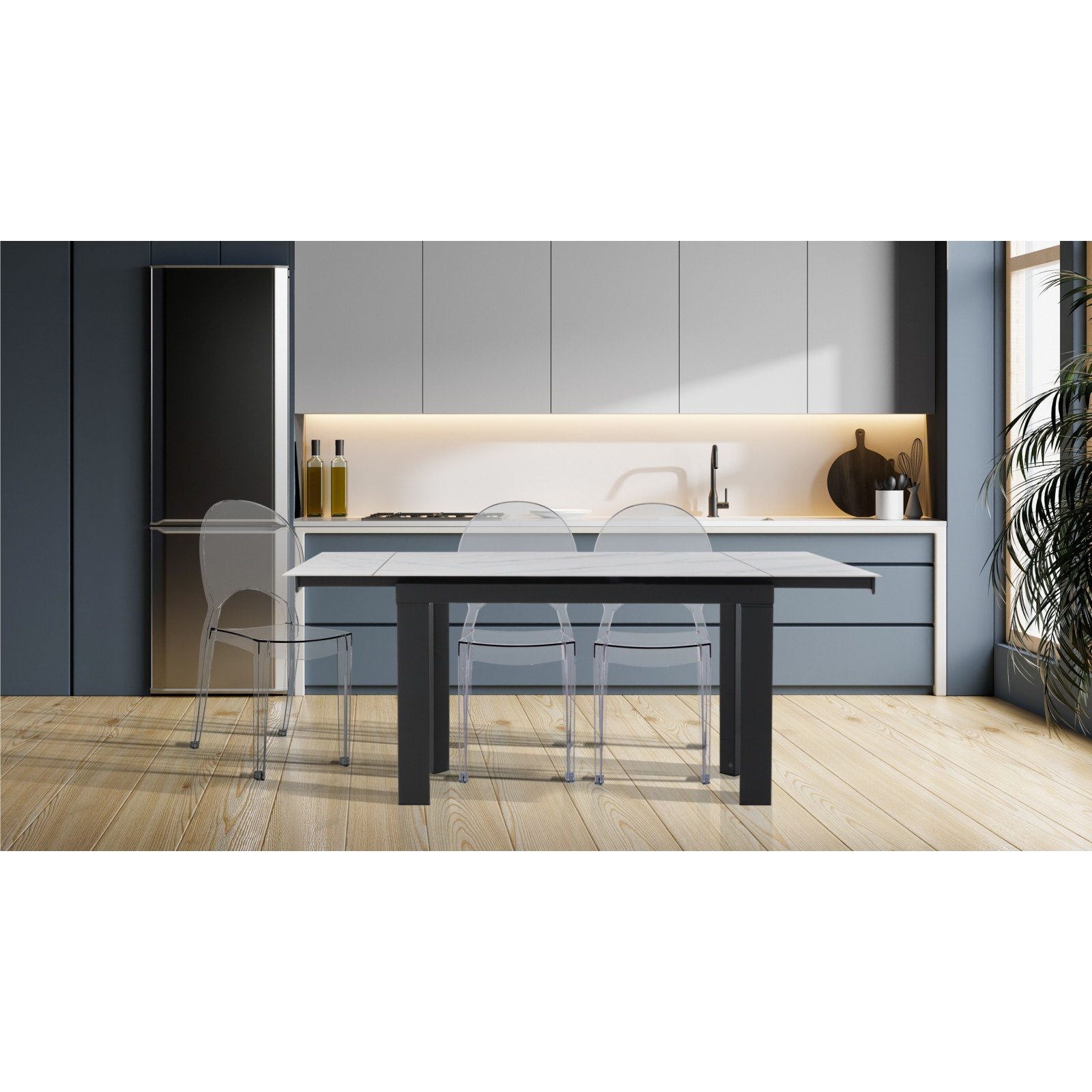 Tavolo allungabile in Ceramica KARLO MARMO BIANCO finitura Top Marmo Bianco opaco e base in Acciaio, 120-150-180 x 80 cm