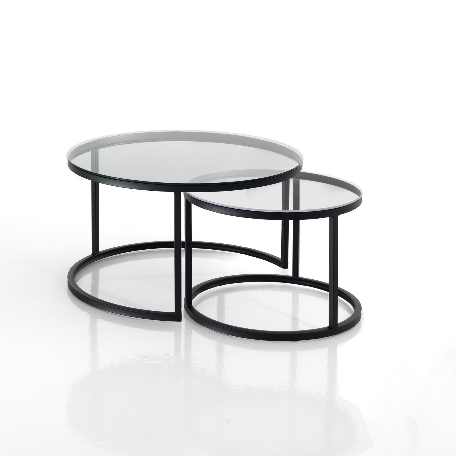 Set 2 tavolini GALA TRASPARENTE con top in vetro spessore 6 mm e struttura acciaio Nero opaco, diametro 50/70 cm