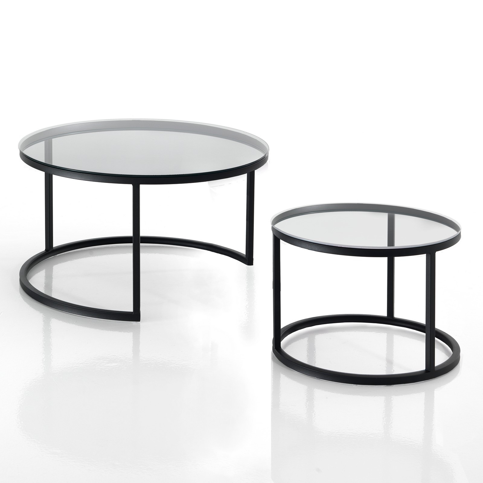 Set 2 tavolini GALA TRASPARENTE con top in vetro spessore 6 mm e struttura acciaio Nero opaco, diametro 50/70 cm