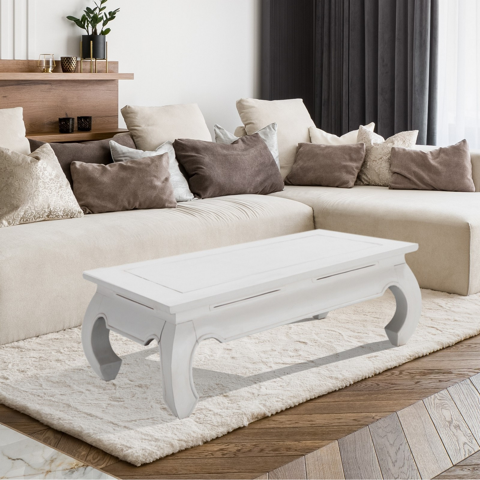 Tavolino OPIUM WHITE in legno massello di Mindi laccato Bianco opaco cm 100 60 H35