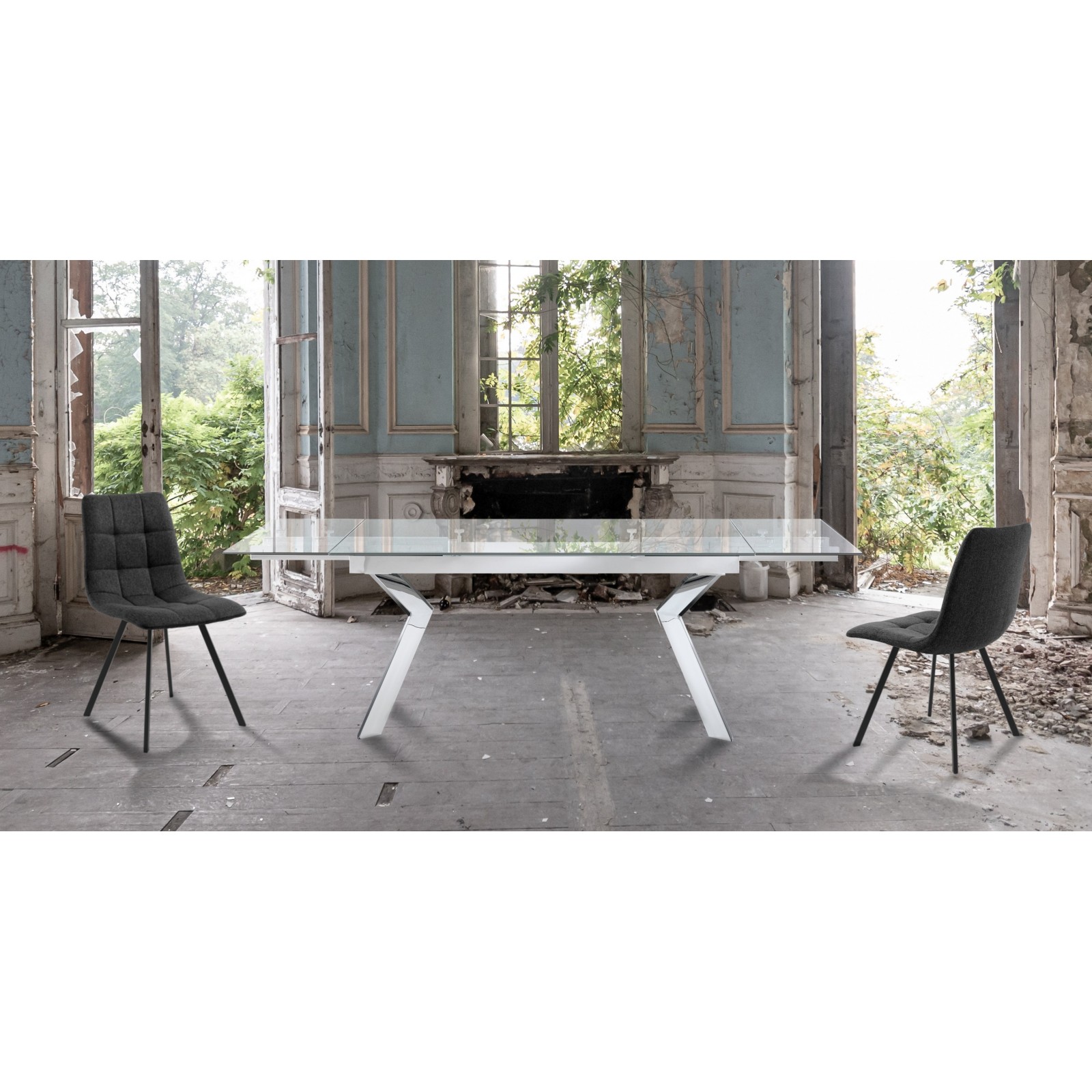 Tavolo allungabile JIAN CROMO acciaio cromato piano vetro trasparente H76 P90 L160/200/240