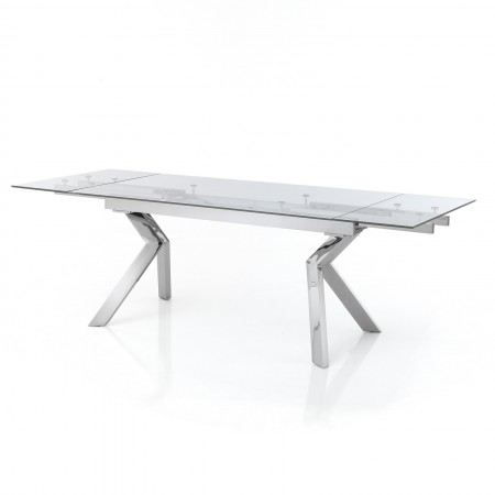 Tavolo allungabile JIAN CROMO acciaio cromato piano vetro trasparente H76 P90 L160/200/240