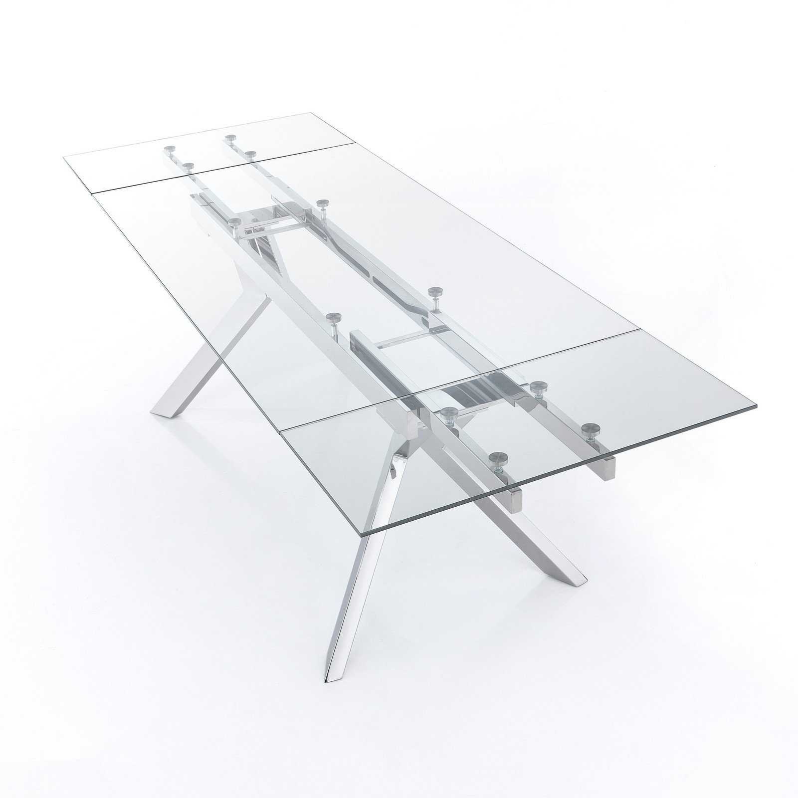 Tavolo allungabile JIAN CROMO acciaio cromato piano vetro trasparente H76 P90 L160/200/240