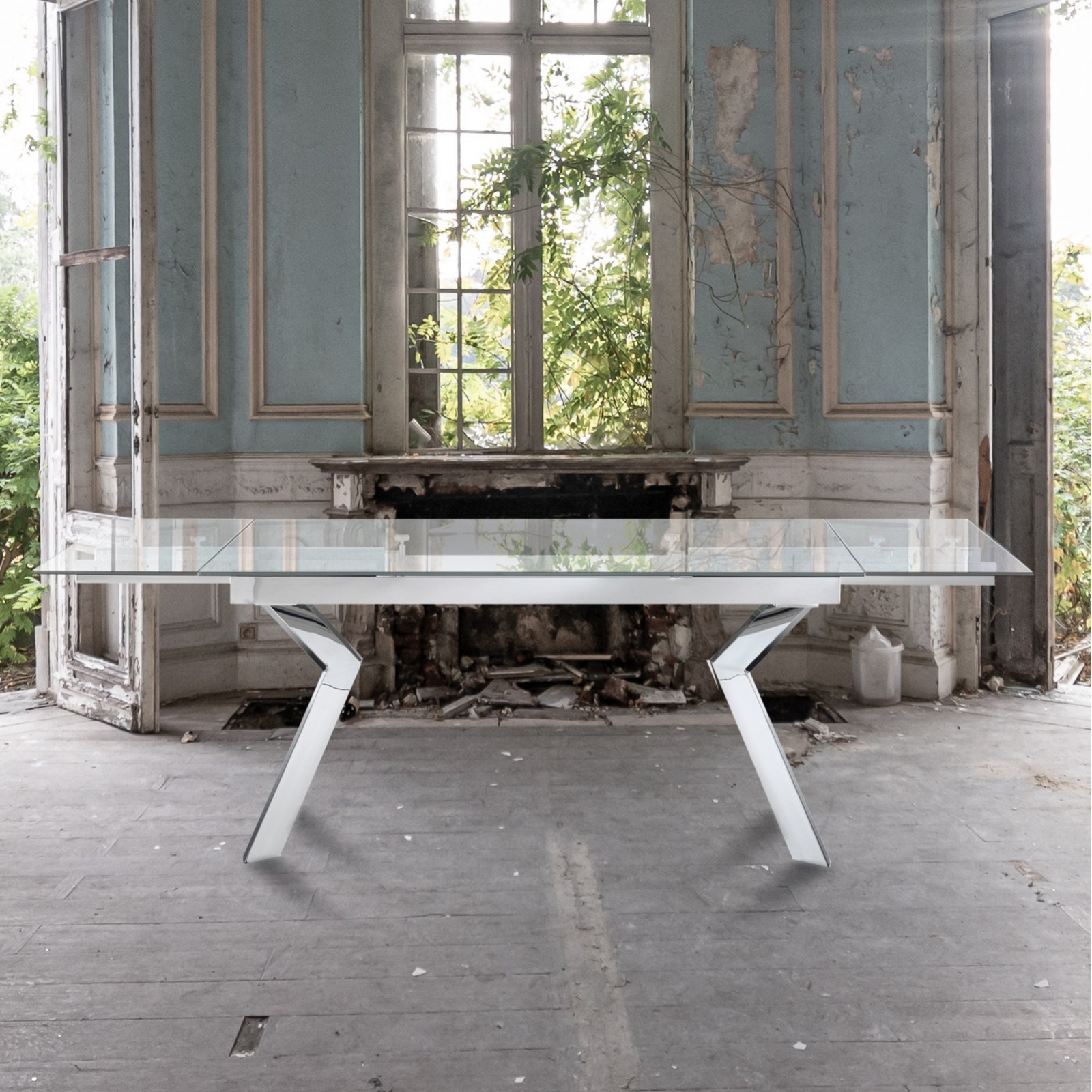 Tavolo allungabile JIAN CROMO acciaio cromato piano vetro trasparente H76 P90 L160/200/240