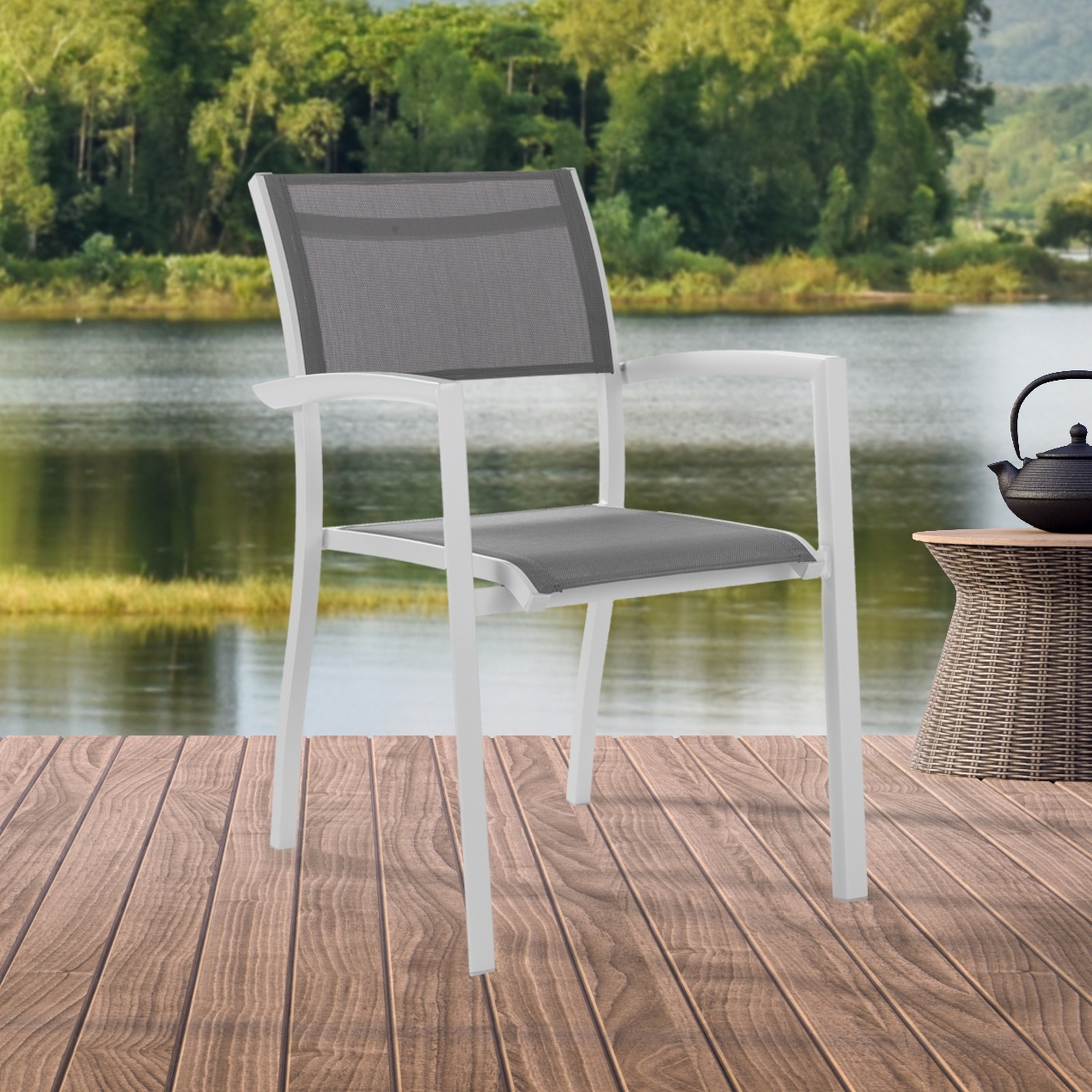 Sedia con Braccioli Interno e Esterno Varadero in Alluminio Bianco Opaco e Tessuto Grigio