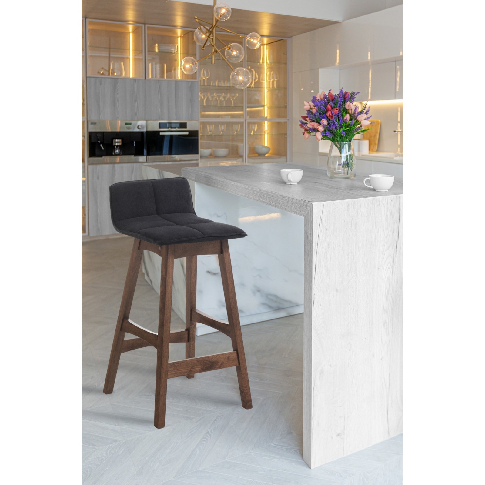 Sgabello Margaret Dark Wood in tessuto Grigio scuro e legno massello finitura Noce scuro, 39x47xh68 cm