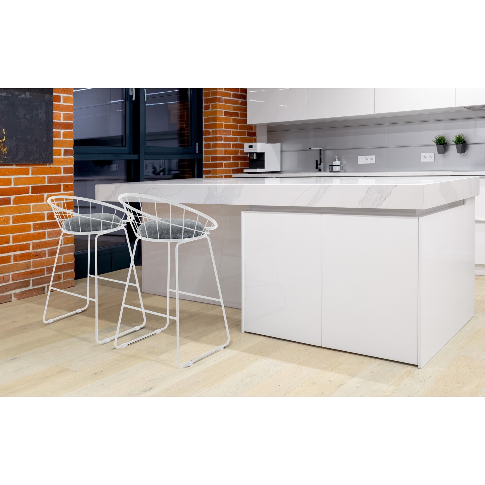 Sgabello Imbottito Susan White in tessuto Grigio e acciaio Bianco semi lucido, 50x50xh68 cm
