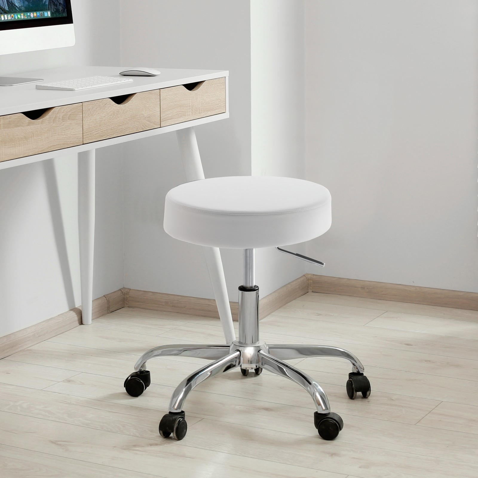 Sgabello Regolabile per Scrittoio Cloe White Pelle Sintetica Bianco e Metallo Cromato, 50x50xh46-60 cm