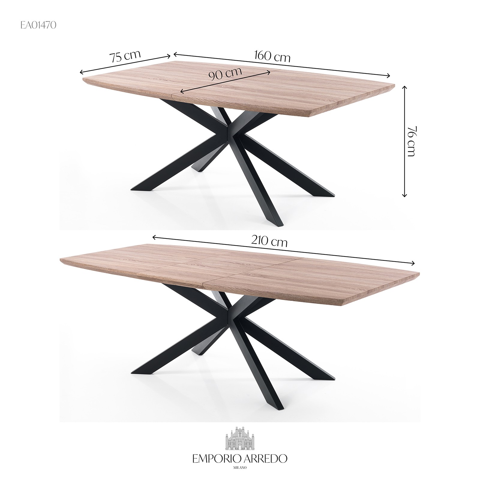 Tavolo Allungabile in legno Jose Oak Top in MDF finitura Rovere e Gambe in metallo Nero opaco, 160-210 x 90 cm