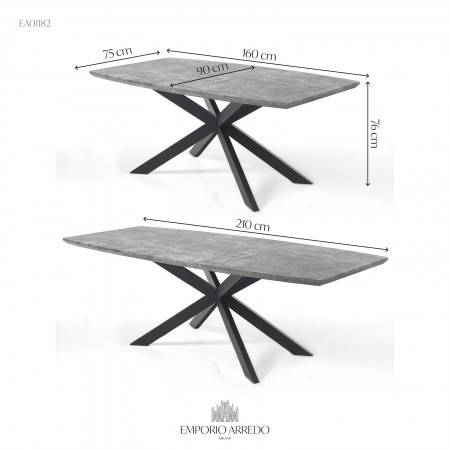Tavolo Allungabile Jose Cement Grigio Top finitura Cemento e Gambe in metallo Nero opaco, 160-210x90 cm