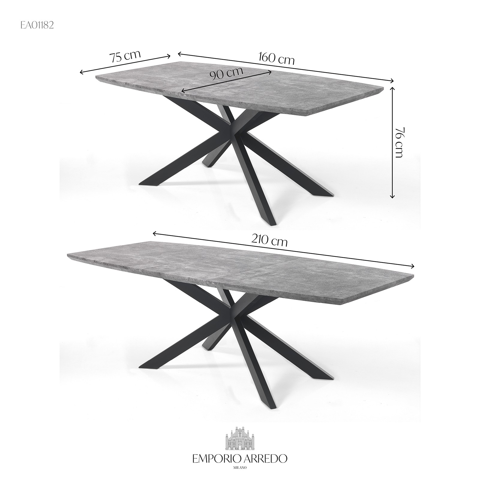 Tavolo Allungabile Jose Cement Grigio Top finitura Cemento e Gambe in metallo Nero opaco, 160-210x90 cm