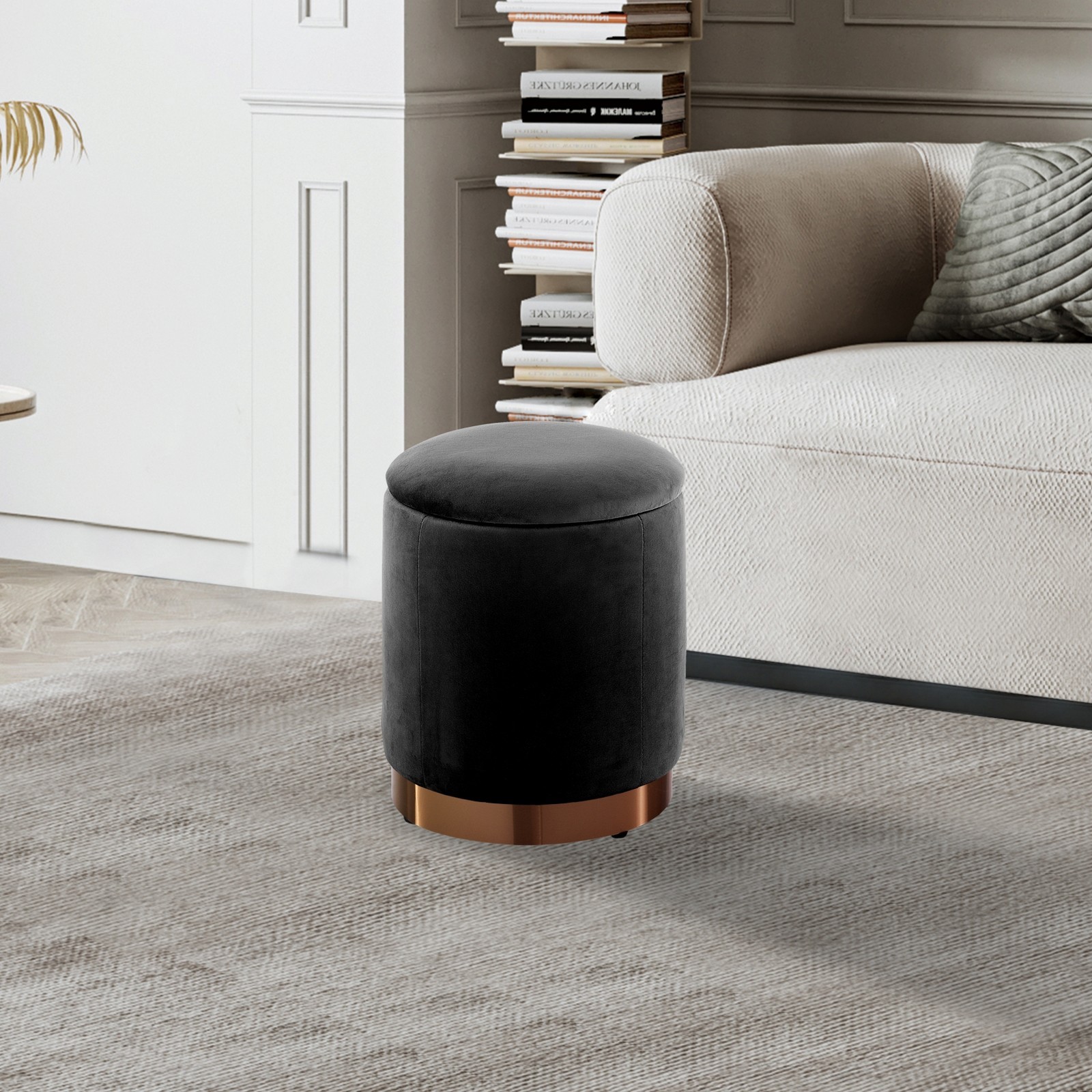 Pouf contenitore ELLA BLACK D31 H38 in tessuto effetto velluto Nero vano contenitore