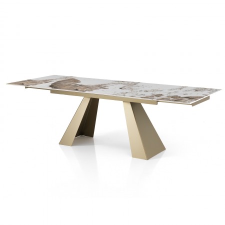 Tavolo allungabile JANNI ORO basamento Champagne Oro  opaco piano ceramica finitura marmo Onice lucido cm H76 P90 L.160/200/240