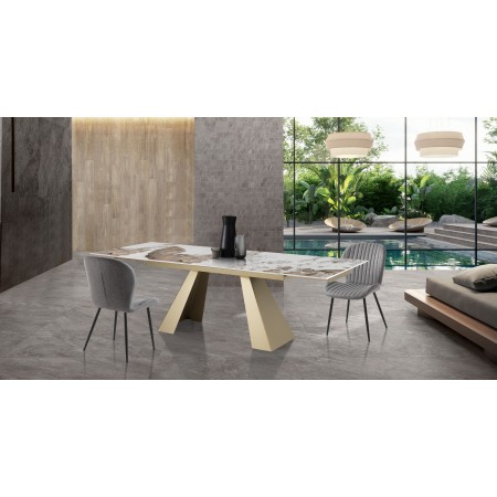 Tavolo allungabile JANNI ORO basamento Champagne Oro  opaco piano ceramica finitura marmo Onice lucido cm H76 P90 L.160/200/240