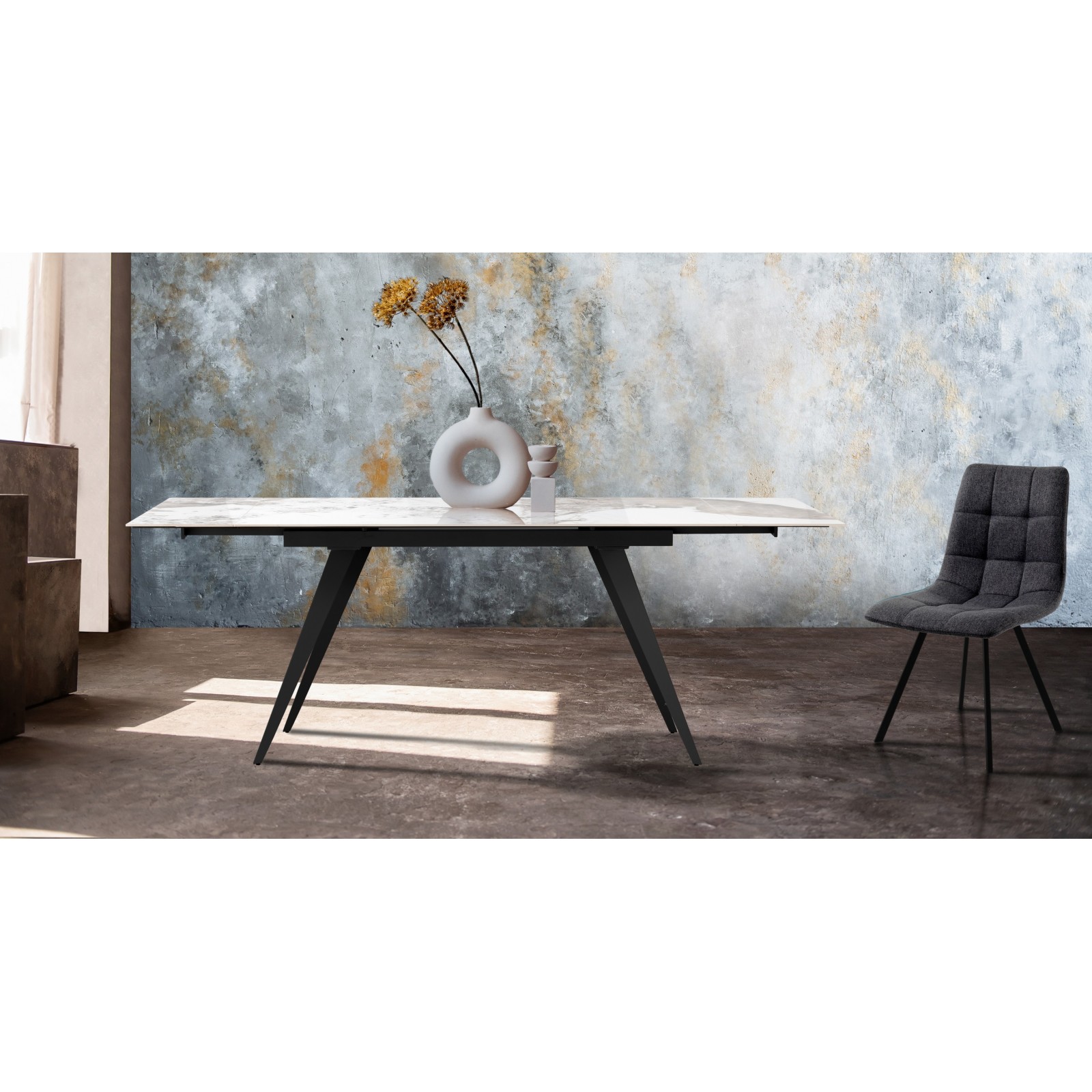 Tavolo allungabile SHARA MARMO BIANCO basamento Grigio opaco piano ceramica finitura Marmo Onice lucido cm H75 P.81 L140/170/200