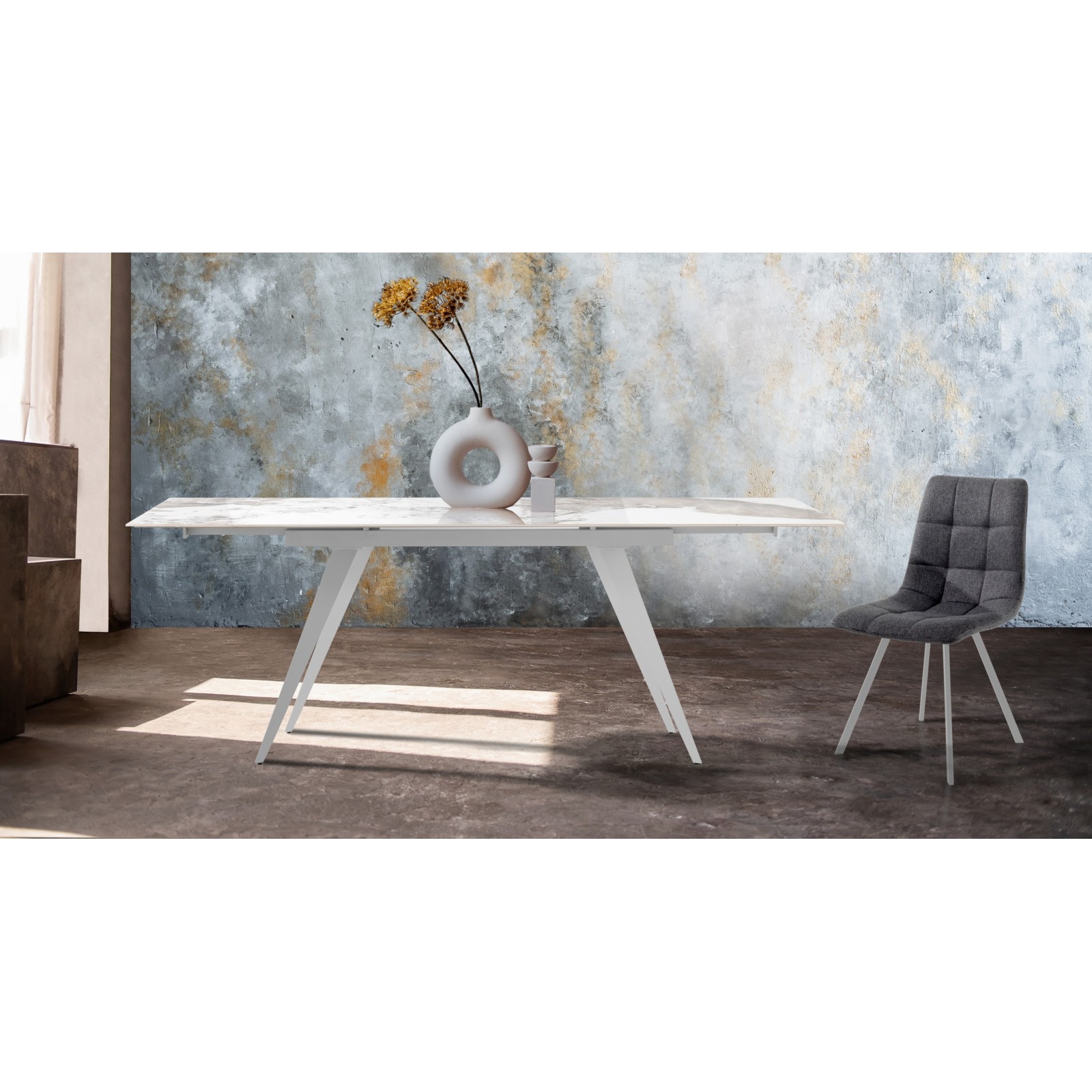 Tavolo allungabile SHARA MARMO ONICE basamento Bianco opaco piano ceramica finitura Marmo Onice lucido cm H75 P81 L140/170/200