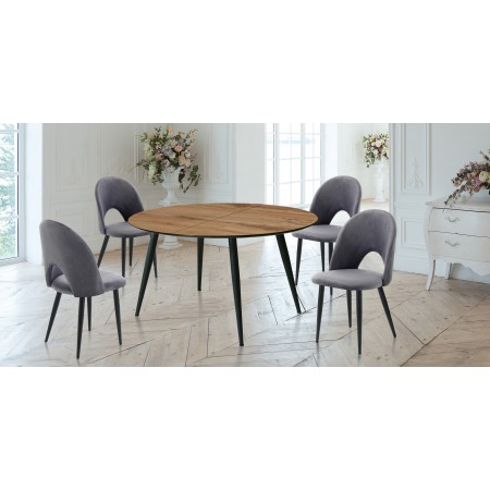 Tavolo Rotondo Allungabile in legno LISO Top finitura Noce chiaro e Gambe in acciaio verniciato nero opaco, 110-150 x 110 cm