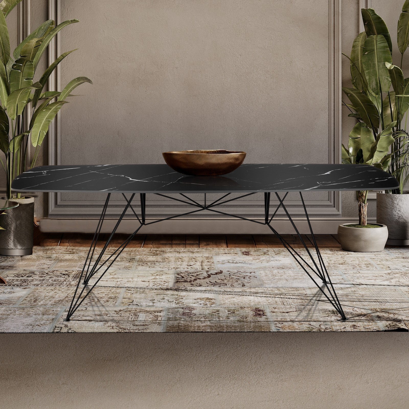 Tavolo scrivania JACOB BLACK MARBLE struttura metallo Nero opaco piano ceramica effetto Marmo Nero Lucido cm H77 L180 P90