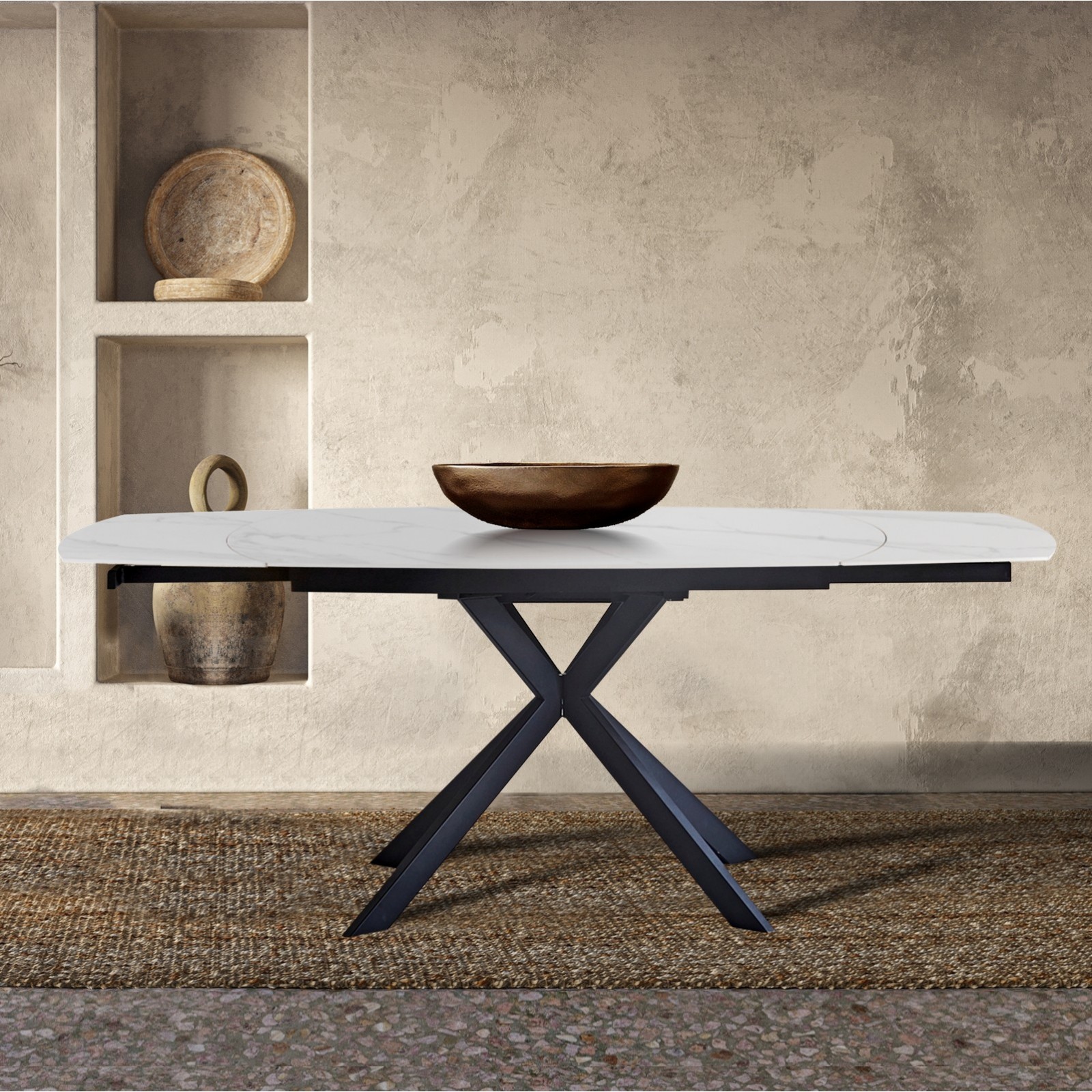 Tavolo allungabile in ceramica VICKI MARMO BIANCO finitura top Marmo Bianco opaco e base in acciaio Nero opaco, 140/200 x 90 cm