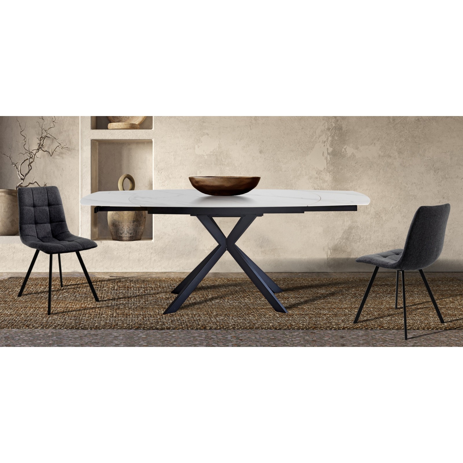 Tavolo allungabile in ceramica VICKI MARMO BIANCO finitura top Marmo Bianco opaco e base in acciaio Nero opaco, 140/200 x 90 cm