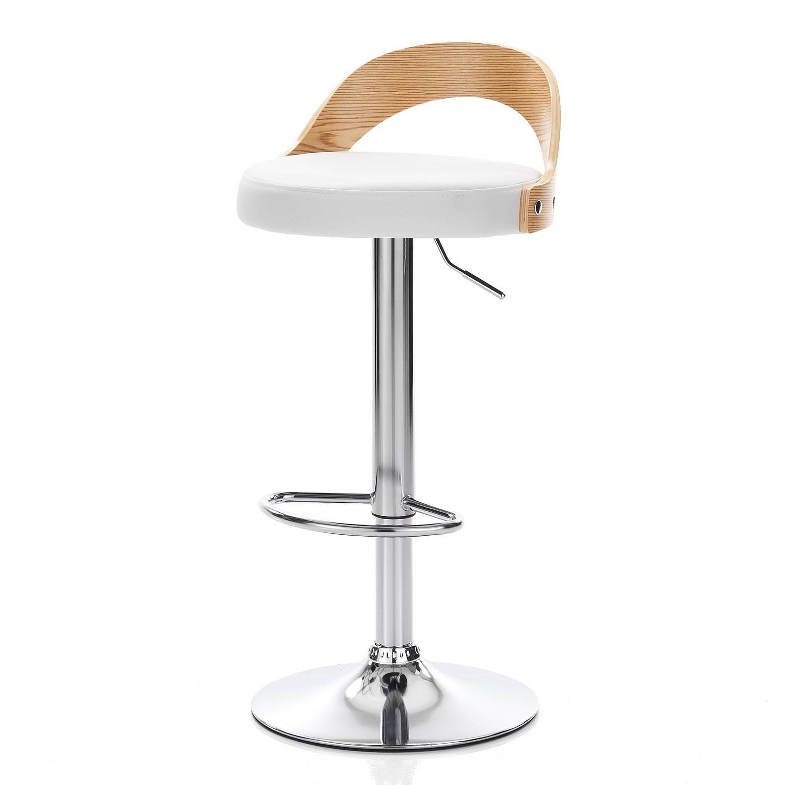 Sgabello ELMO ROVERE legno multistrato curvato tinto finitura Rovere pelle sintetica Bianca acciaio cromato H76/96 L43 P43