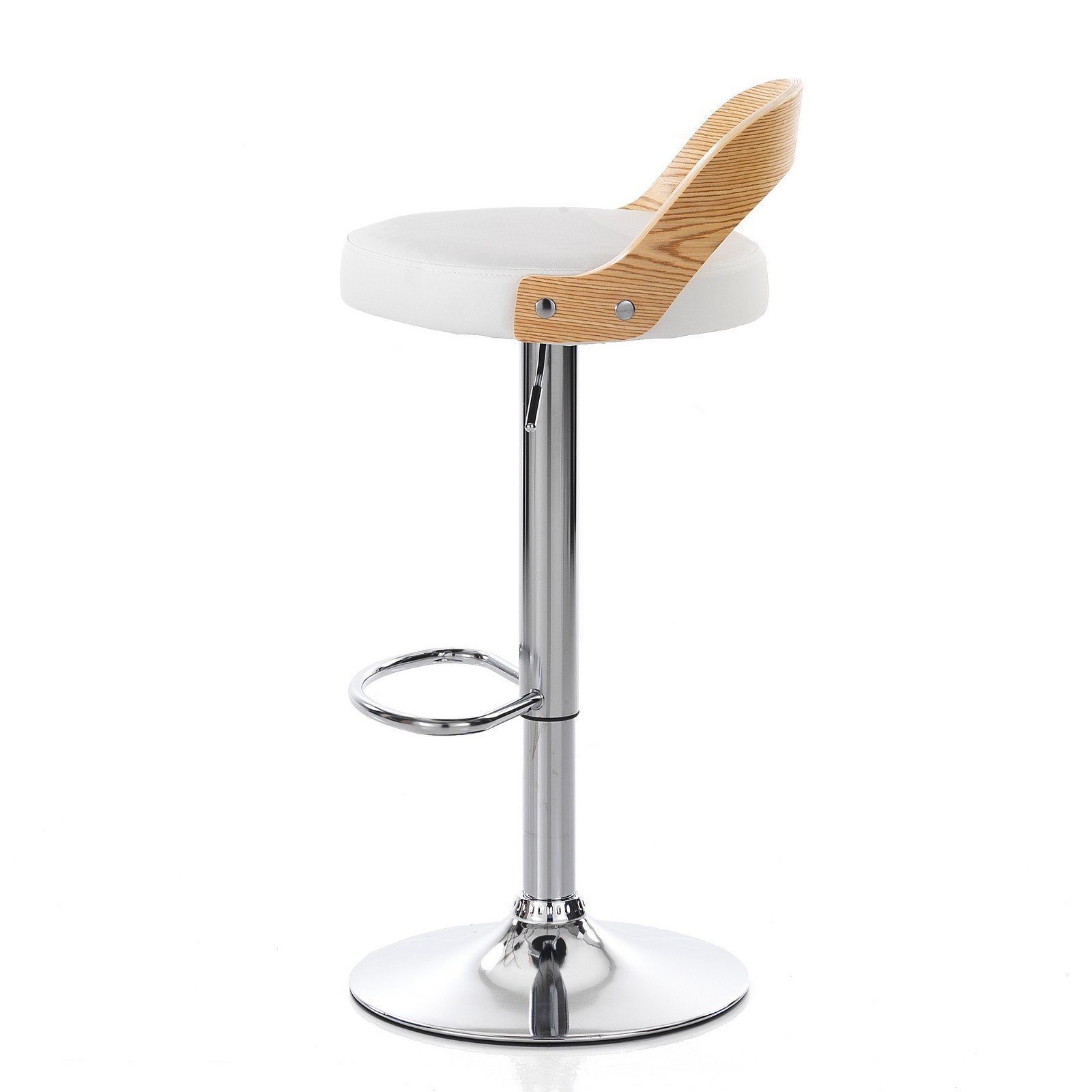 Sgabello ELMO ROVERE legno multistrato curvato tinto finitura Rovere pelle sintetica Bianca acciaio cromato H76/96 L43 P43