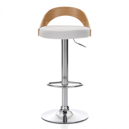 Sgabello ELMO ROVERE legno multistrato curvato tinto finitura Rovere pelle sintetica Bianca acciaio cromato H76/96 L43 P43