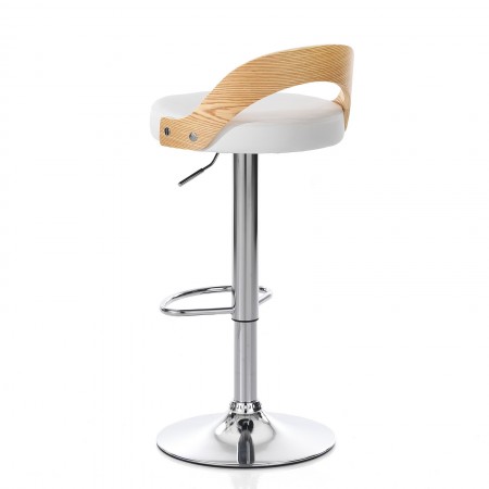 Sgabello ELMO ROVERE legno multistrato curvato tinto finitura Rovere pelle sintetica Bianca acciaio cromato H76/96 L43 P43