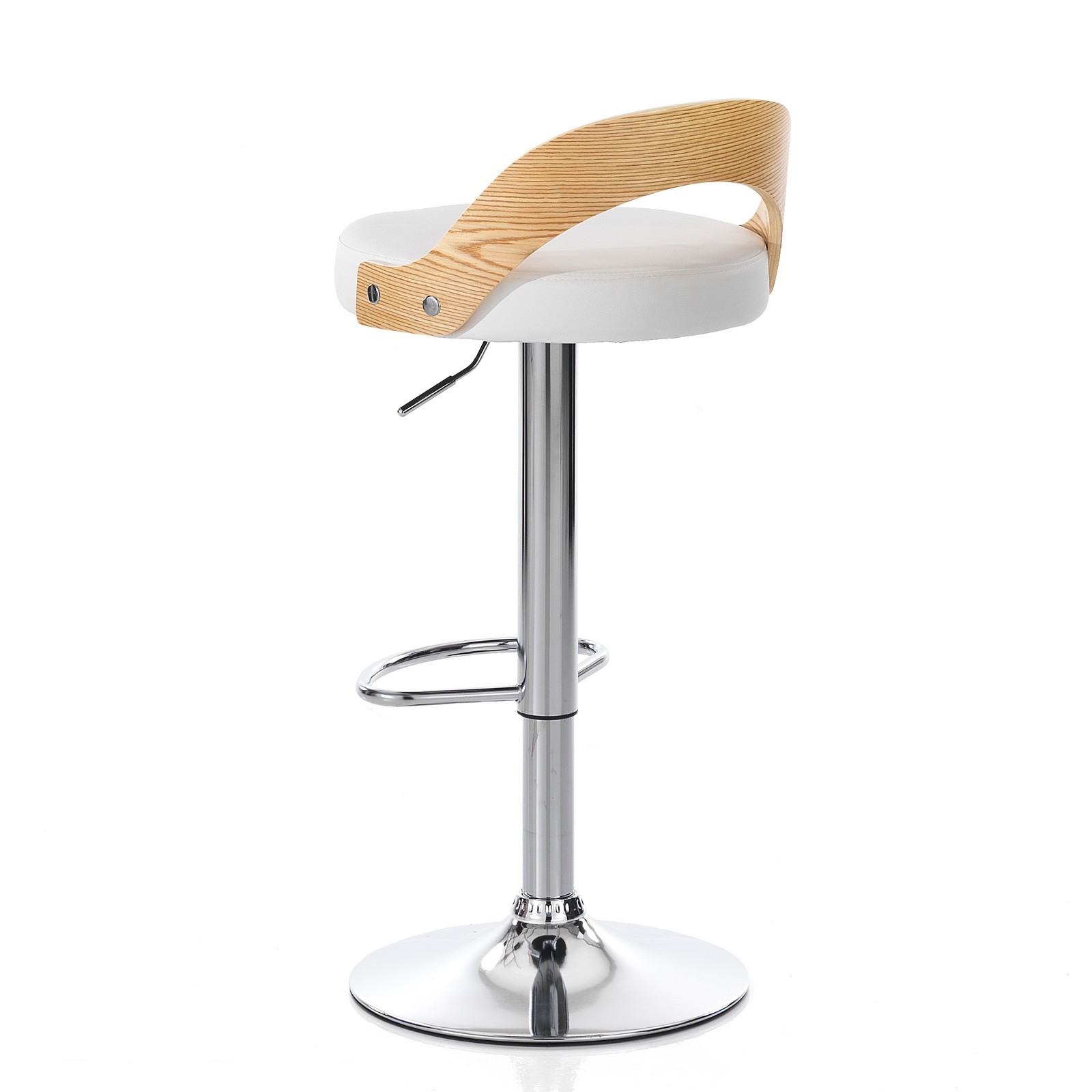 Sgabello ELMO ROVERE legno multistrato curvato tinto finitura Rovere pelle sintetica Bianca acciaio cromato H76/96 L43 P43