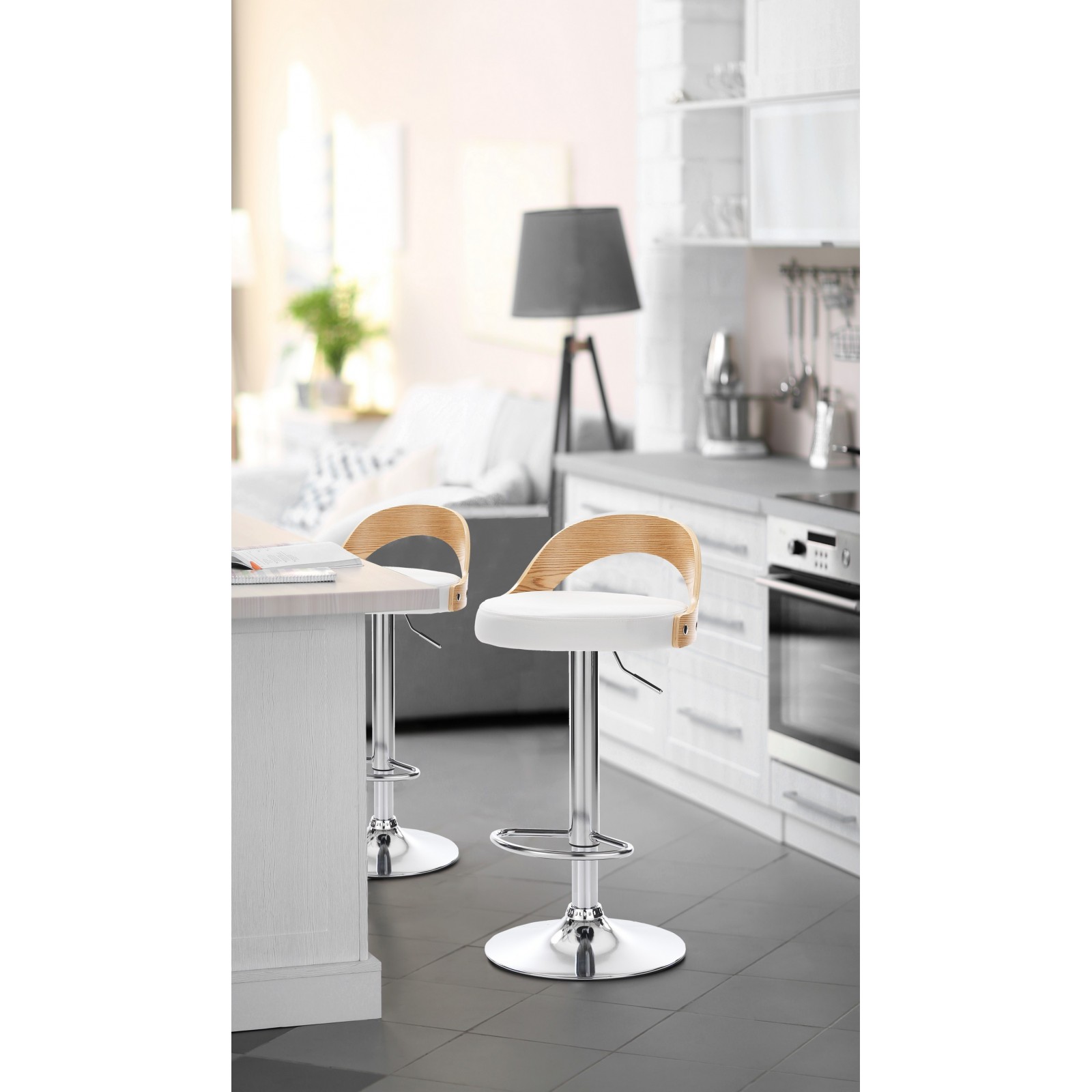 Sgabello ELMO ROVERE legno multistrato curvato tinto finitura Rovere pelle sintetica Bianca acciaio cromato H76/96 L43 P43