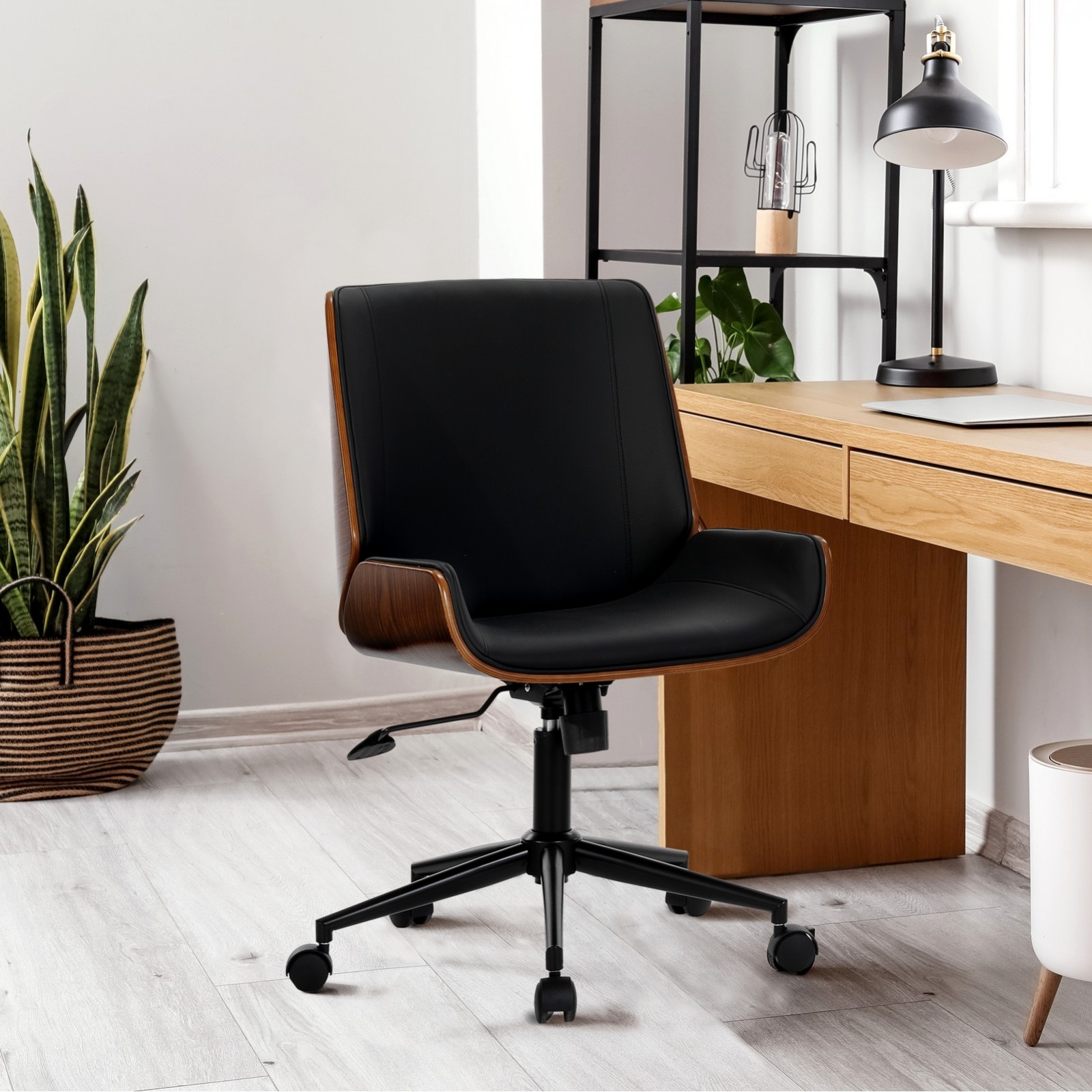 Poltrona da ufficio OXFORD legno multistrato curvato finitura Noce pelle sintetica Nera acciaio verniciato Nero H87/97 L55 P58