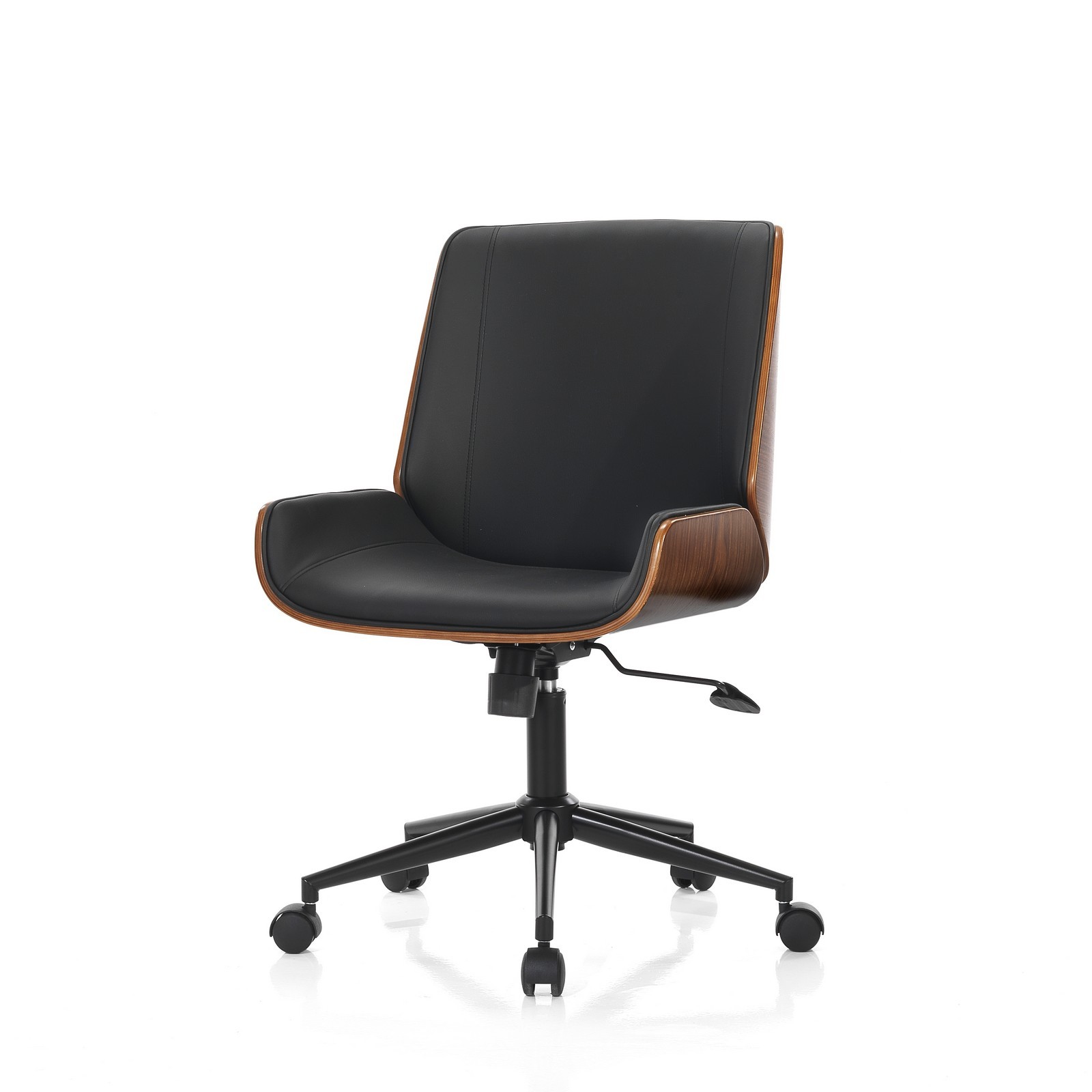 Poltrona da ufficio OXFORD legno multistrato curvato finitura Noce pelle sintetica Nera acciaio verniciato Nero H87/97 L55 P58