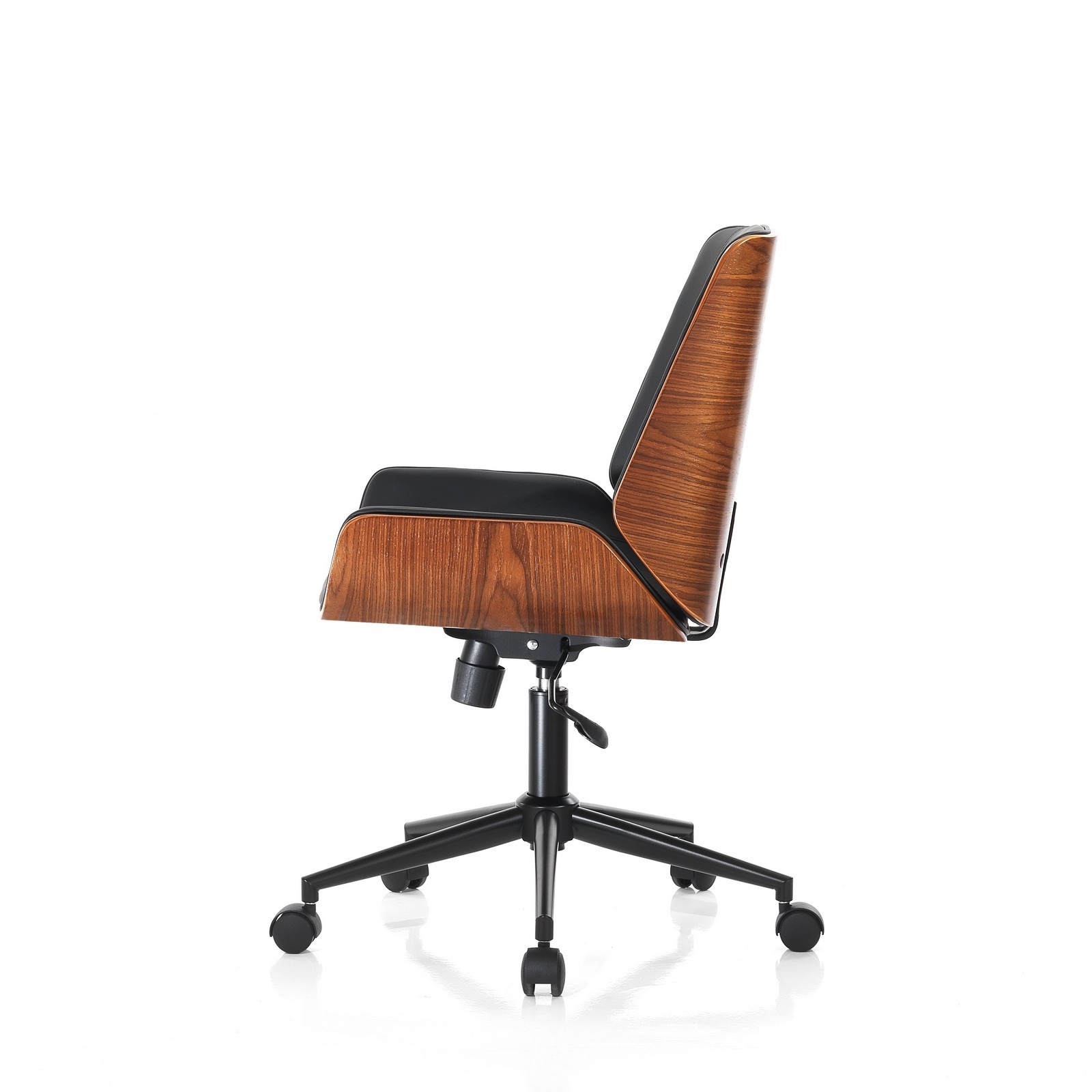 Poltrona da ufficio OXFORD legno multistrato curvato finitura Noce pelle sintetica Nera acciaio verniciato Nero H87/97 L55 P58