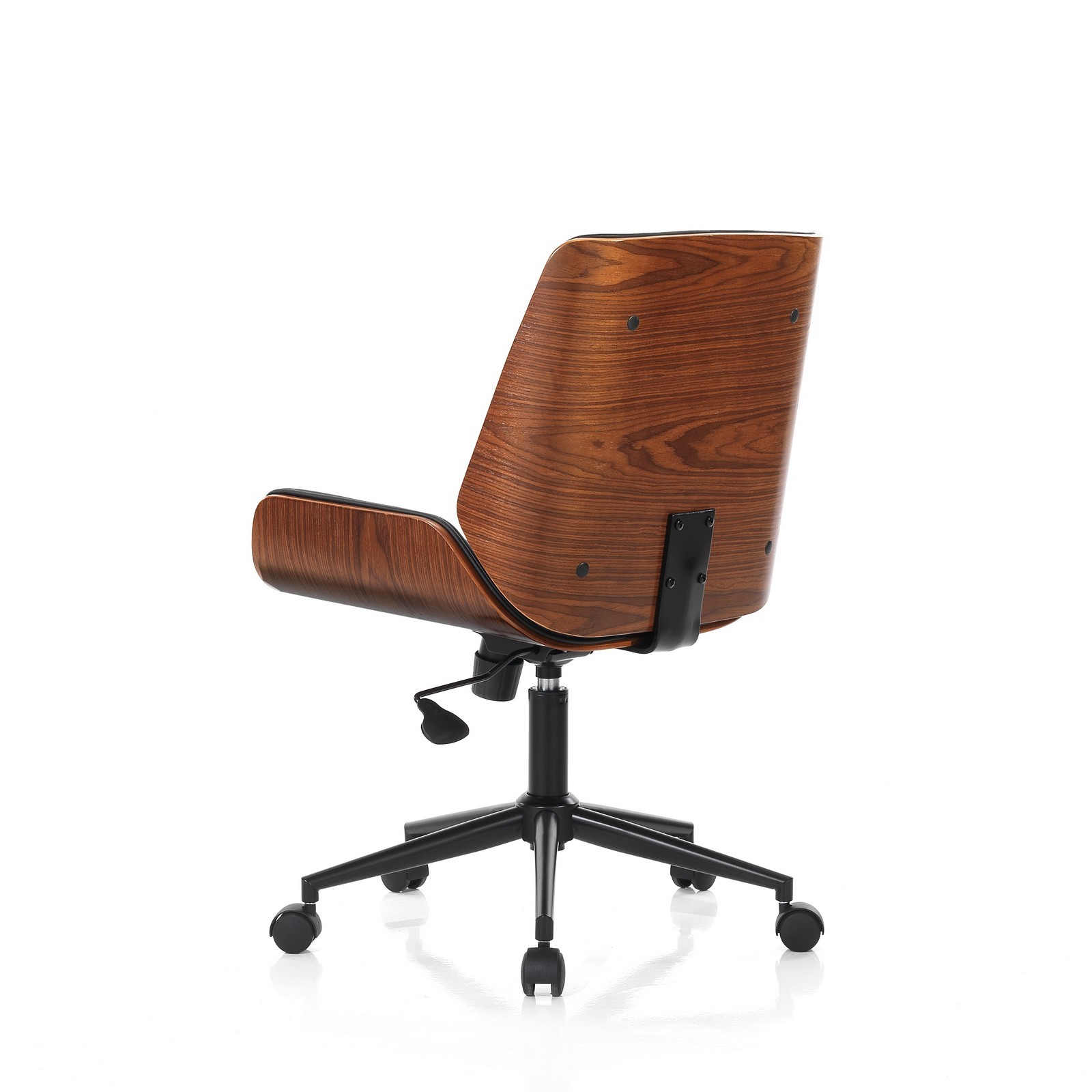 Poltrona da ufficio OXFORD legno multistrato curvato finitura Noce pelle sintetica Nera acciaio verniciato Nero H87/97 L55 P58