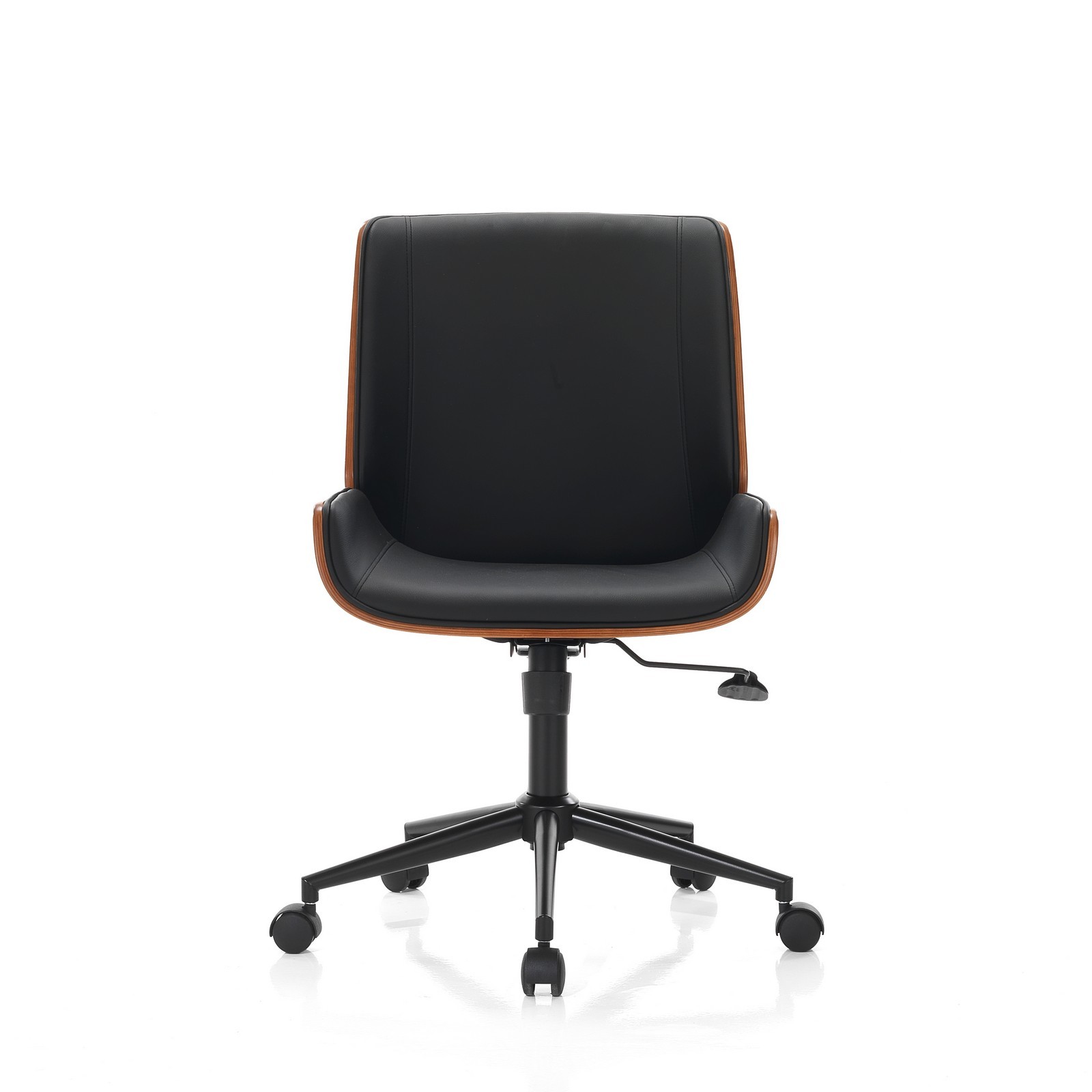 Poltrona da ufficio OXFORD legno multistrato curvato finitura Noce pelle sintetica Nera acciaio verniciato Nero H87/97 L55 P58