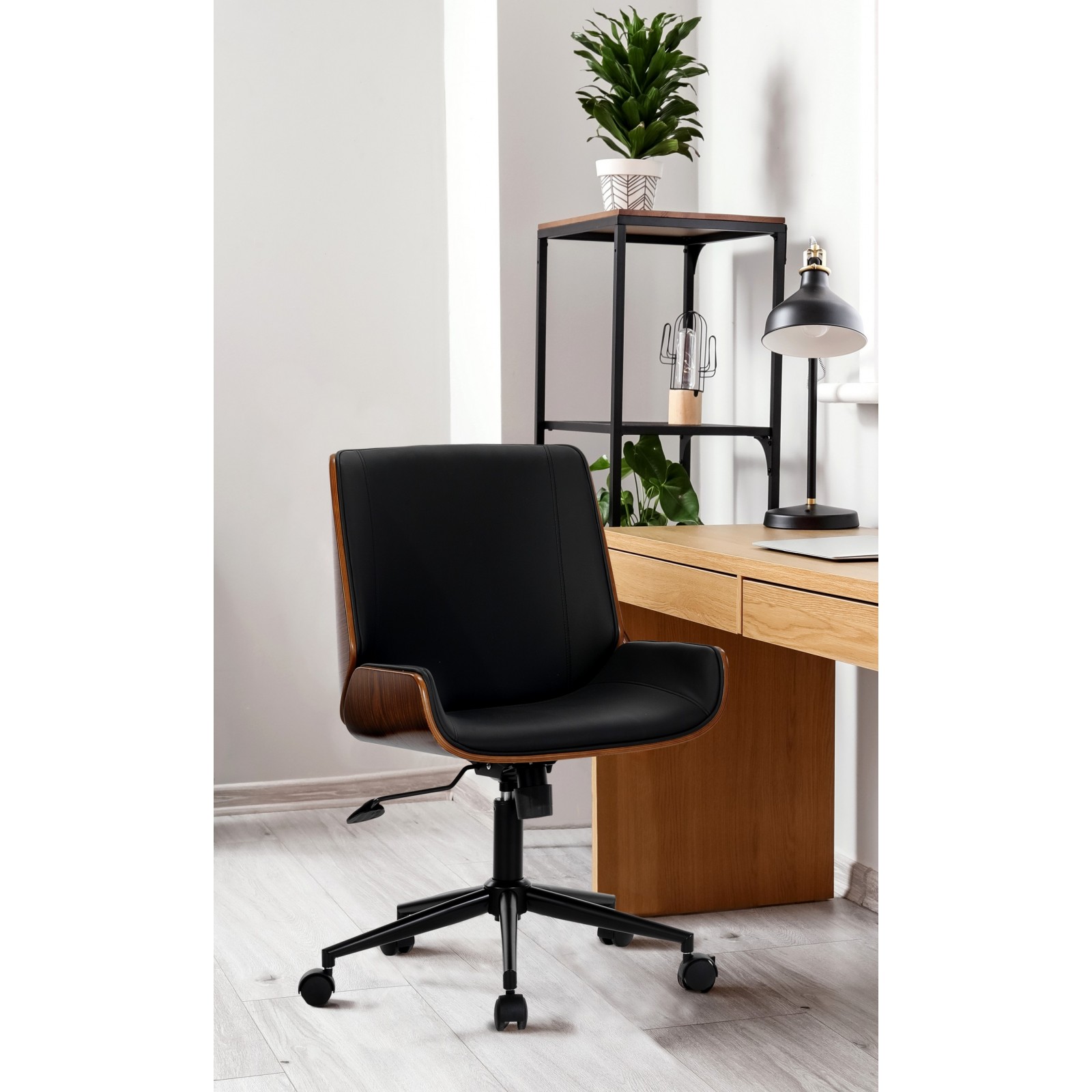 Poltrona da ufficio OXFORD legno multistrato curvato finitura Noce pelle sintetica Nera acciaio verniciato Nero H87/97 L55 P58