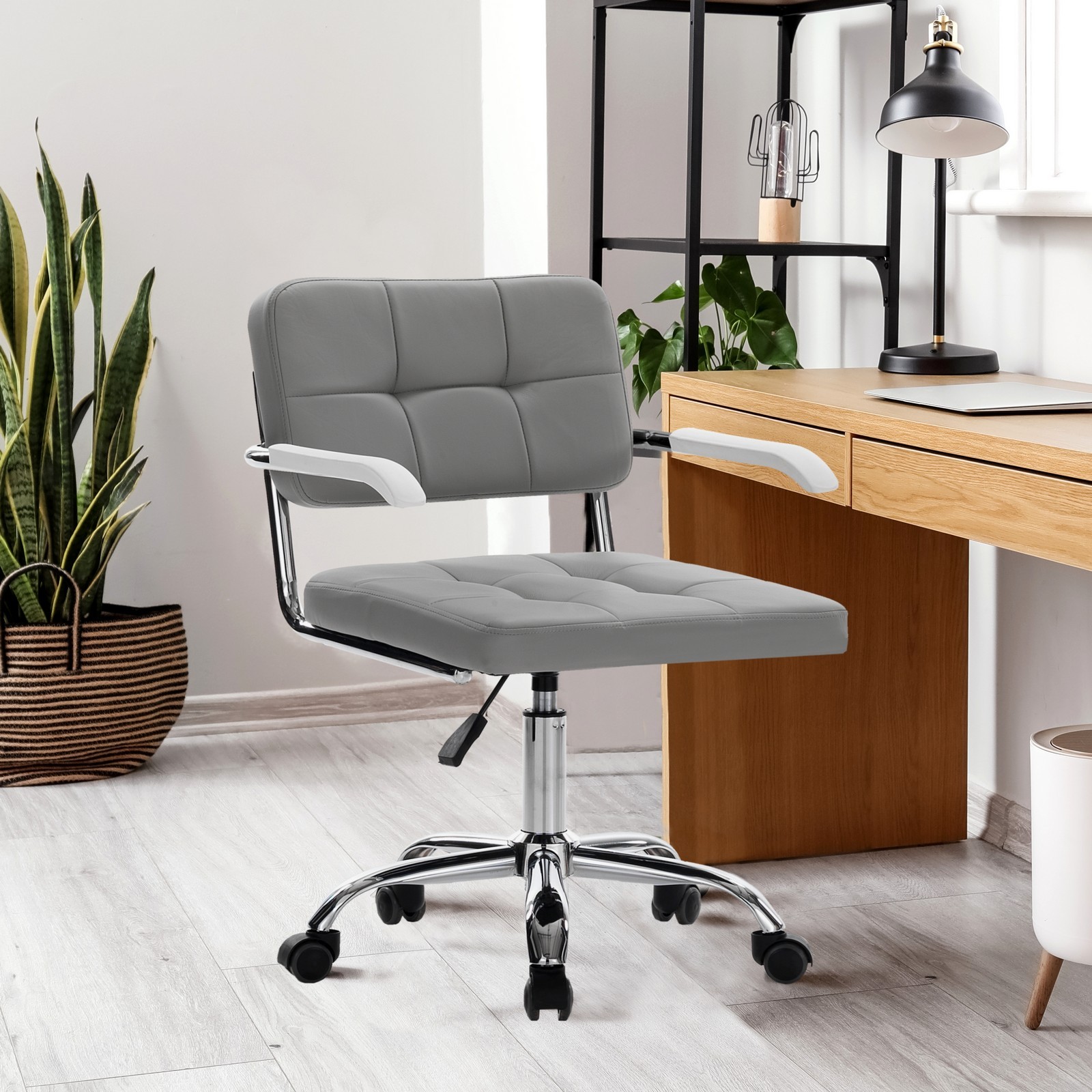 Poltrona da ufficio MALMO acciaio cromato pelle sintetica Grigia H79/89 L58,5 P54