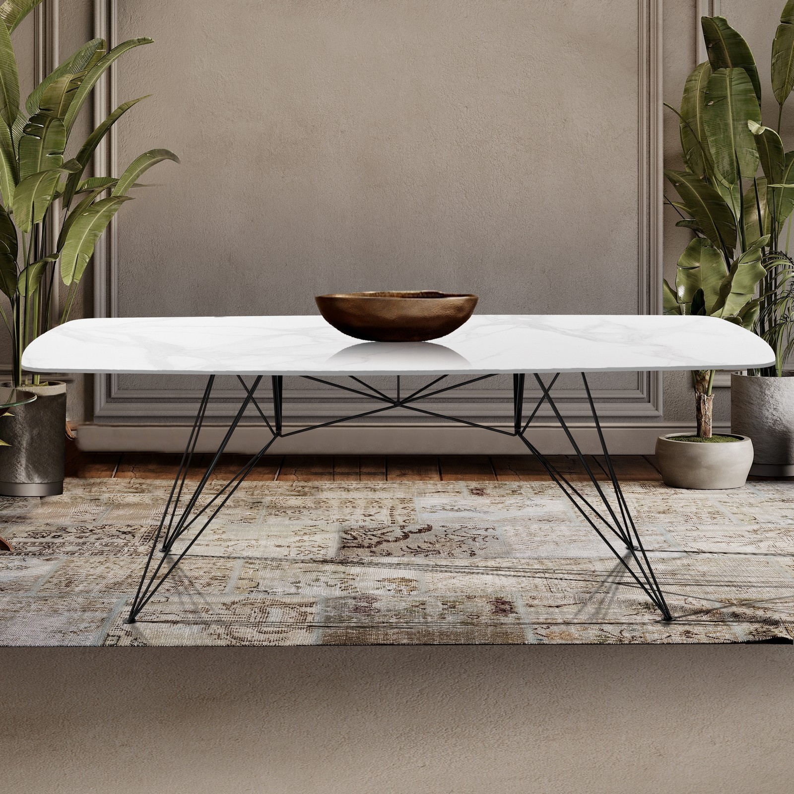 Tavolo scrivaniaJACOB WHITE MARBLE struttura metallo Nero piano ceramica effetto Marmo Calacatta Bianco cm H77 L180 P90