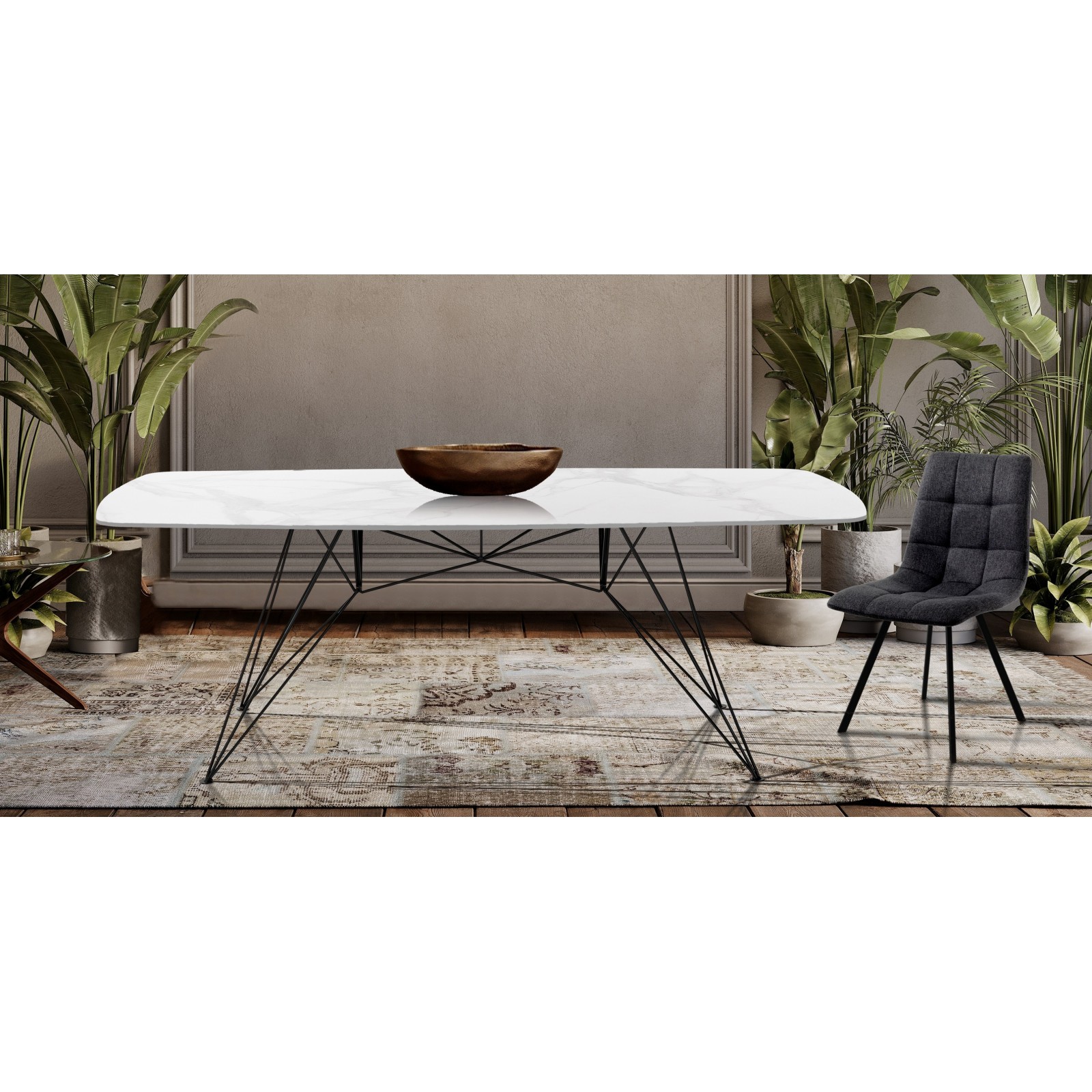 Tavolo scrivaniaJACOB WHITE MARBLE struttura metallo Nero piano ceramica effetto Marmo Calacatta Bianco cm H77 L180 P90