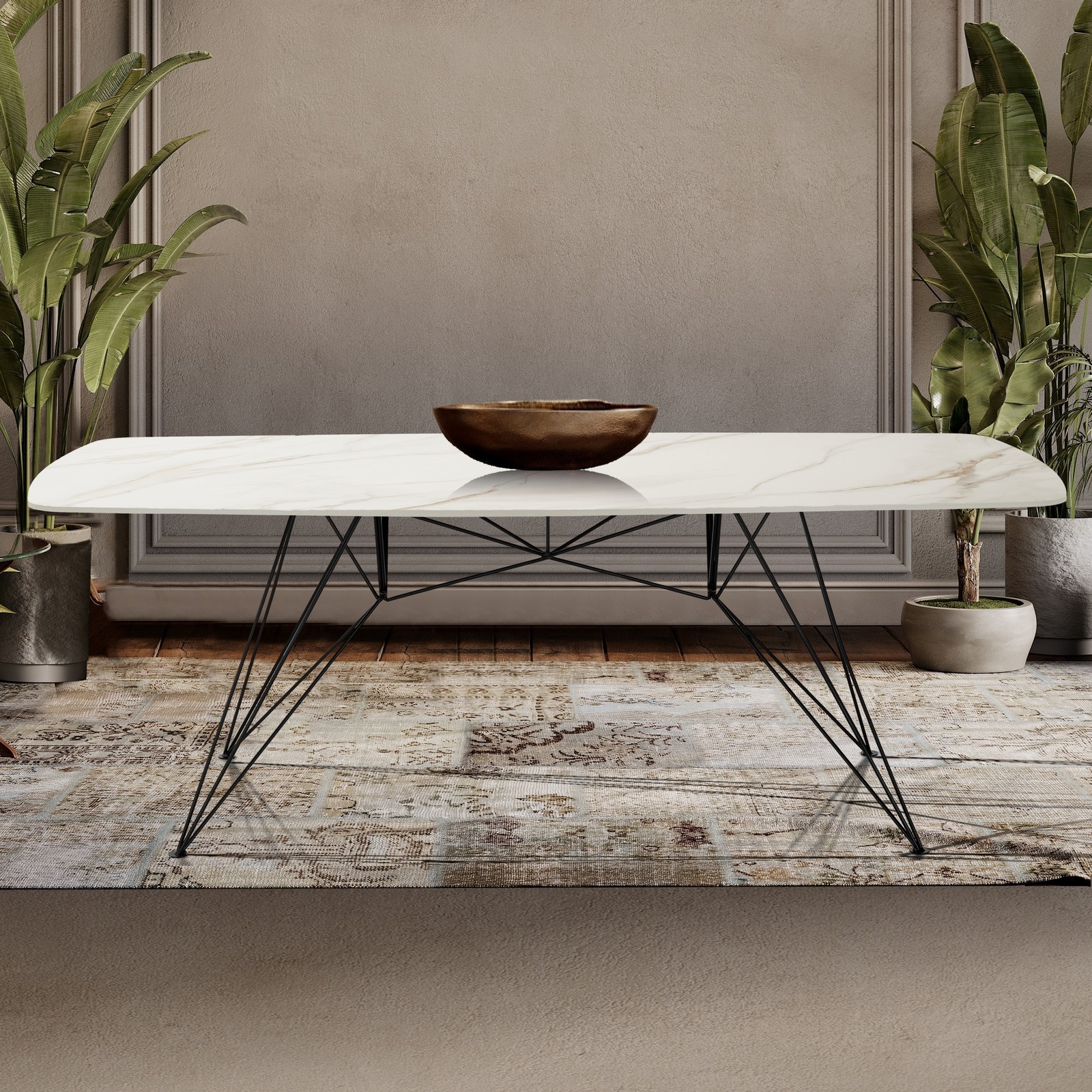 Tavolo scrivania JACOB ONICE MARBLE struttura metallo Nero piano ceramica effetto Marmo Onice Bianco / Giallo cm H77 L180 P90