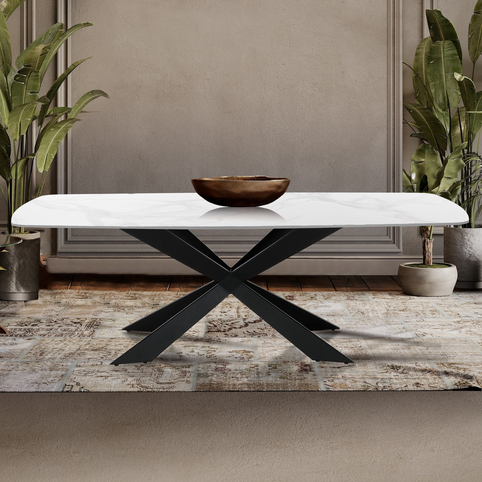 Tavolo JUSTIN WHITE MARBLE basamento metallo Nero opaco piano ceramica effetto Marmo Calacatta Bianco lucido cm H76 P90 L180