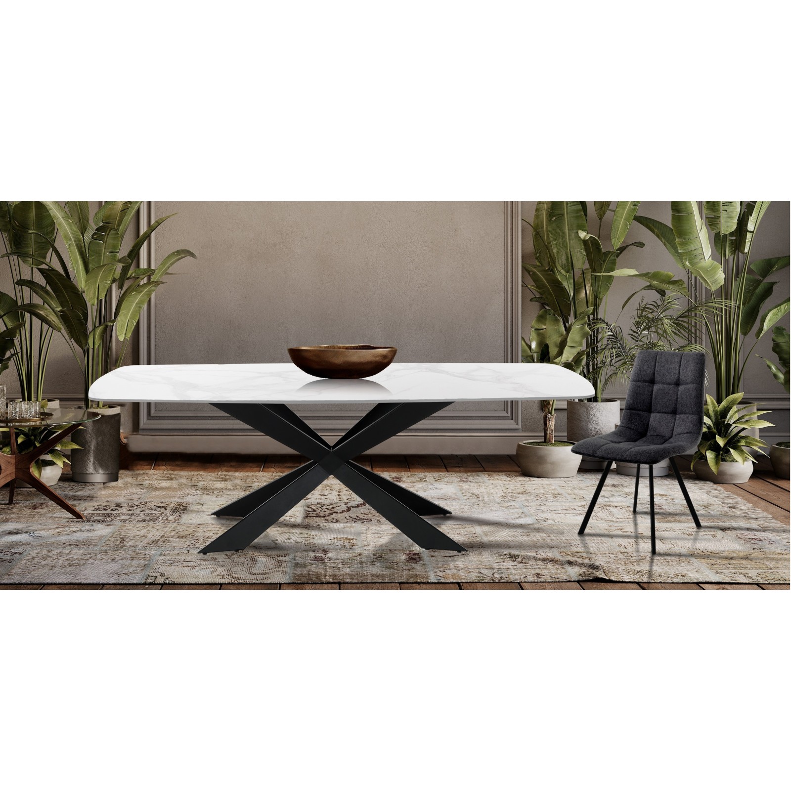 Tavolo JUSTIN WHITE MARBLE basamento metallo Nero opaco piano ceramica effetto Marmo Calacatta Bianco lucido cm H76 P90 L180