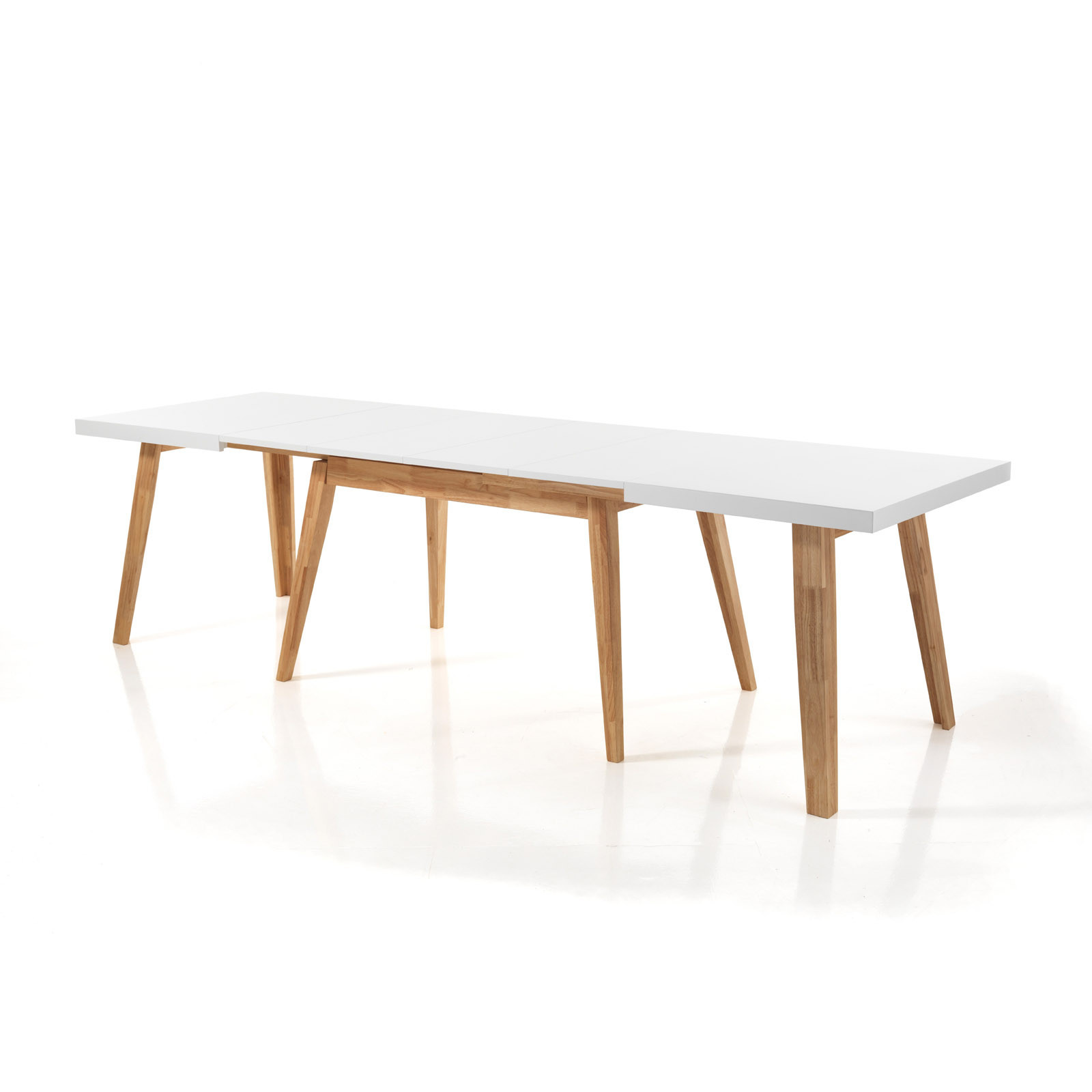 Tavolo Allungabile verniciato Jason 130 Top Bianco semilucido e Base in legno massello finitura Rovere, 130-270 x 80 cm