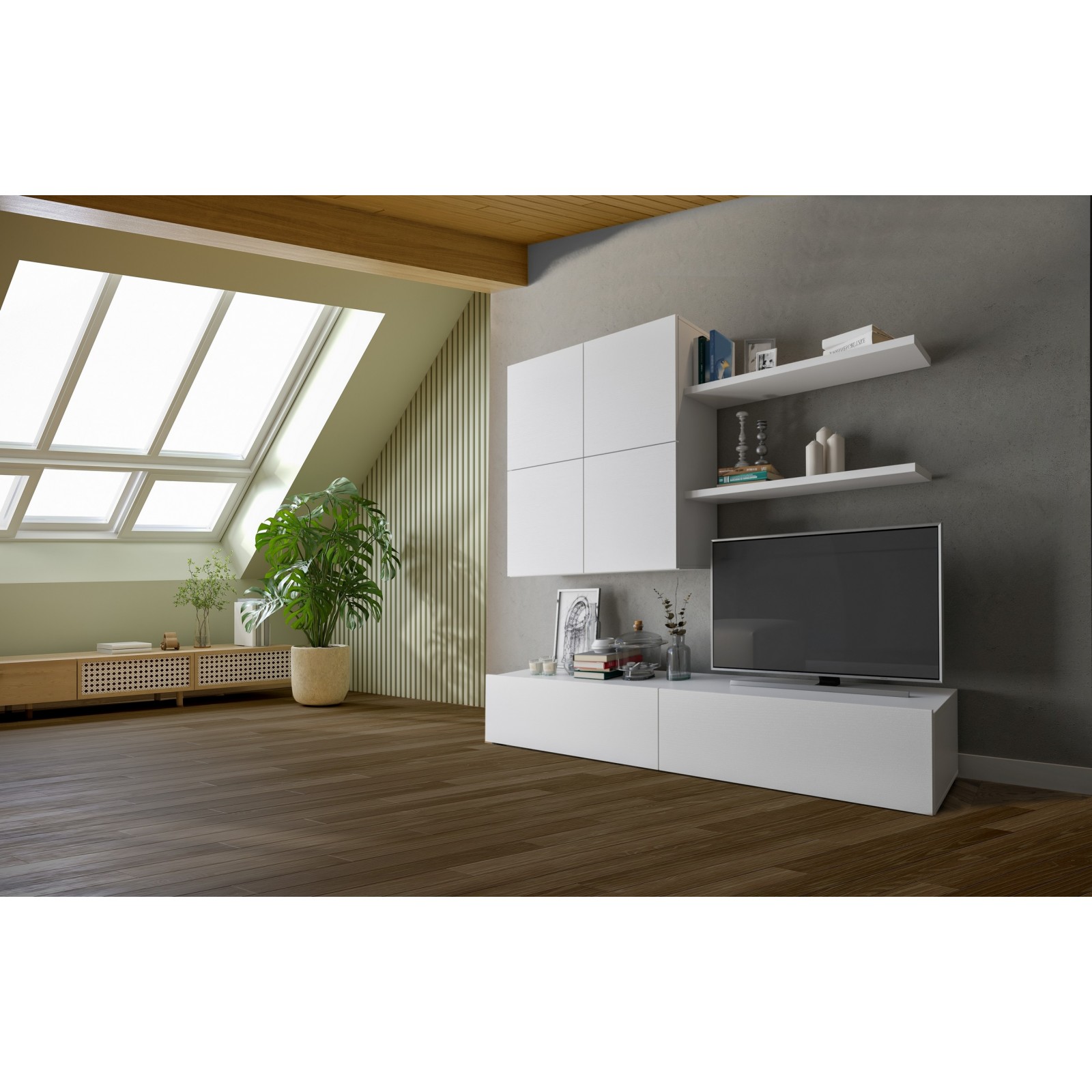 Parete soggiorno ANYA LARICE BIANCA finitura  Larice Bianco a poro aperto cm H194 L200 P39,5