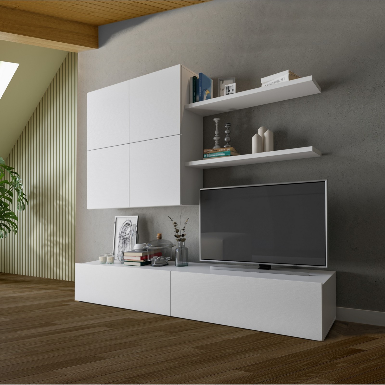 Parete soggiorno ANYA LARICE BIANCA finitura  Larice Bianco a poro aperto cm H194 L200 P39,5