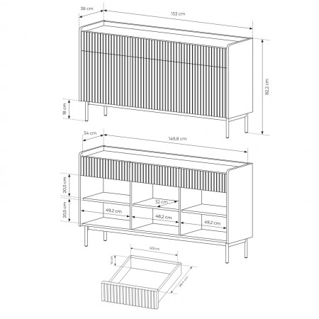 Madia ISABEL colore Beige opaco Rovere Scandi cm H82,2 L153 P38