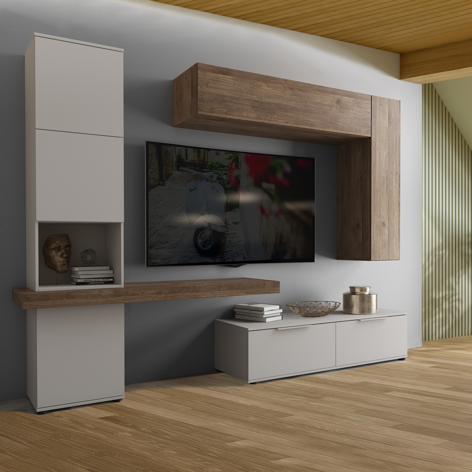 Parete soggiorno BOONE CASHMERE finitura Cashmere opaco / Noce H207 L280 P49,6