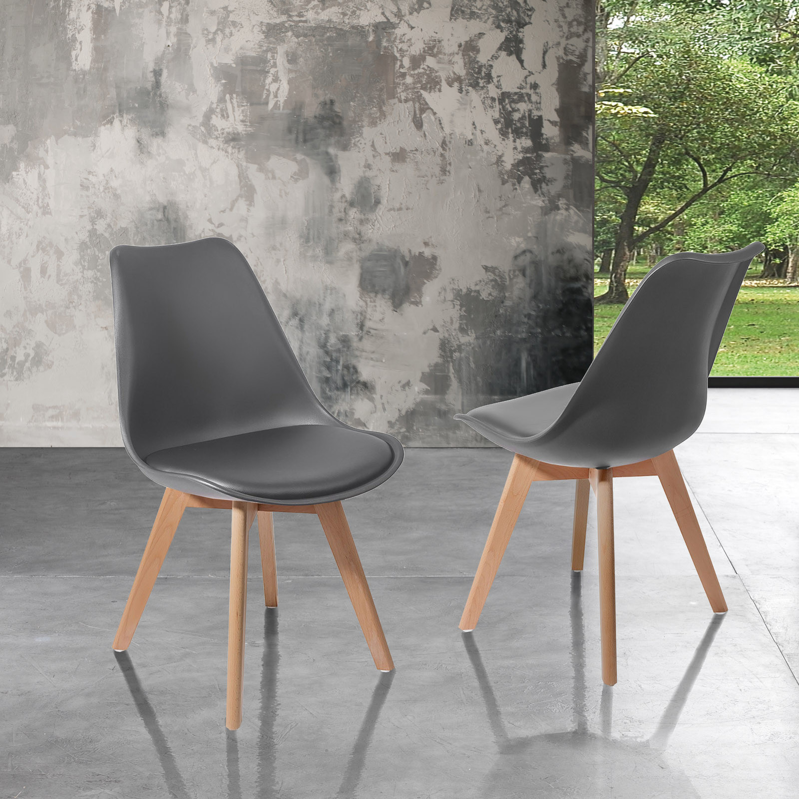 Sedia Diamond Evo Wood Grey in pelle sintetica Grigia e polipropilene, gambe legno massello finitura Rovere, 49x54xh81 cm