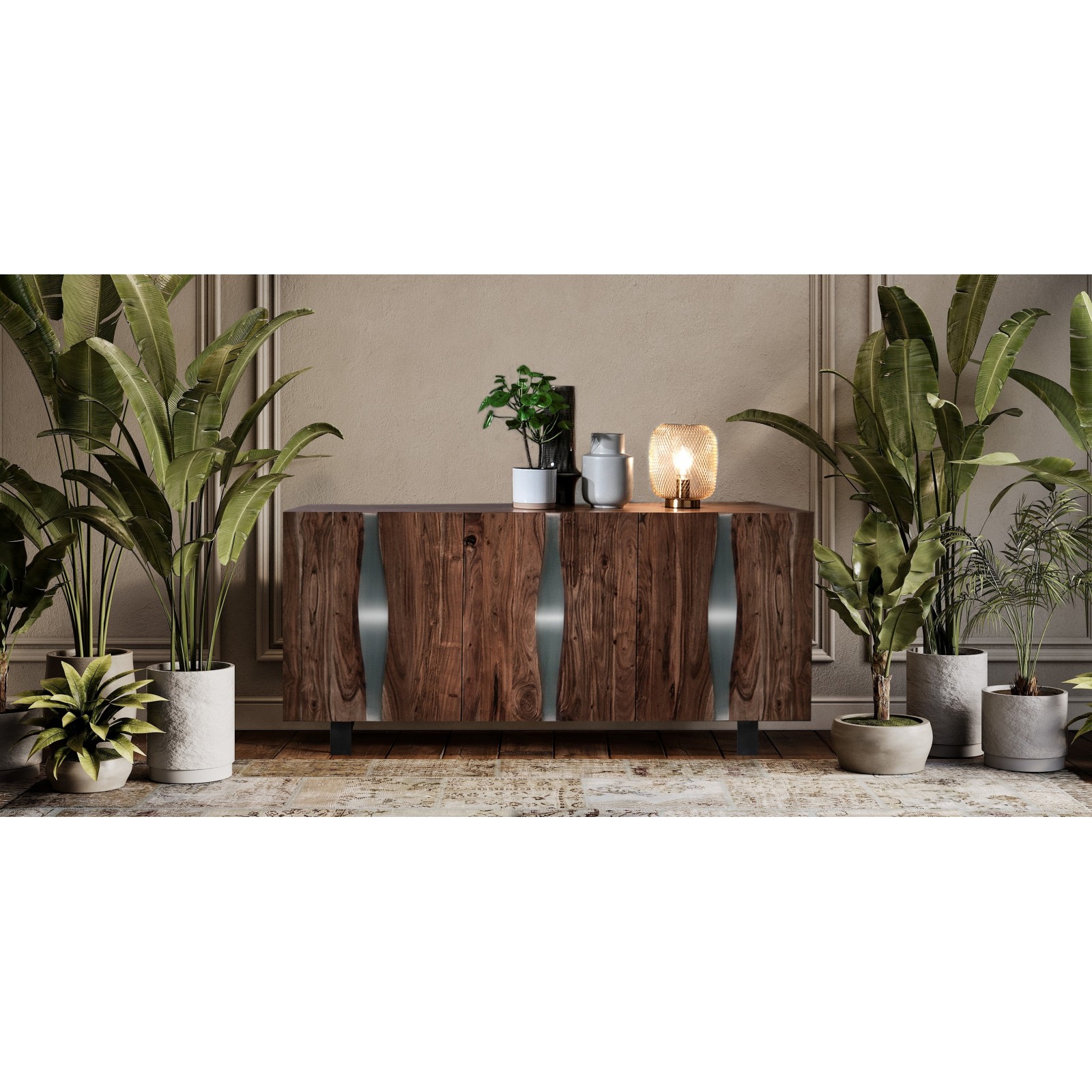 Madia 3 ante CRACK realizzata in legno massello di Acacia cm.H80 L170 P45